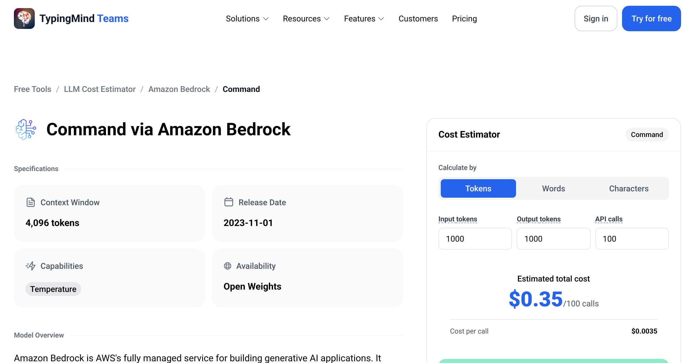 Amazon Bedrock Command API Pricing Calculator