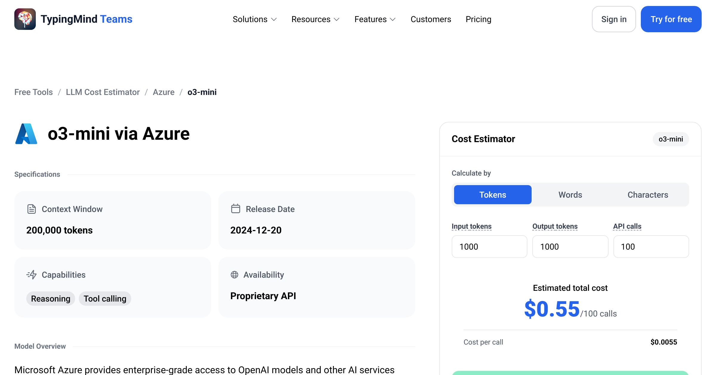 Azure o3-mini API Pricing Calculator
