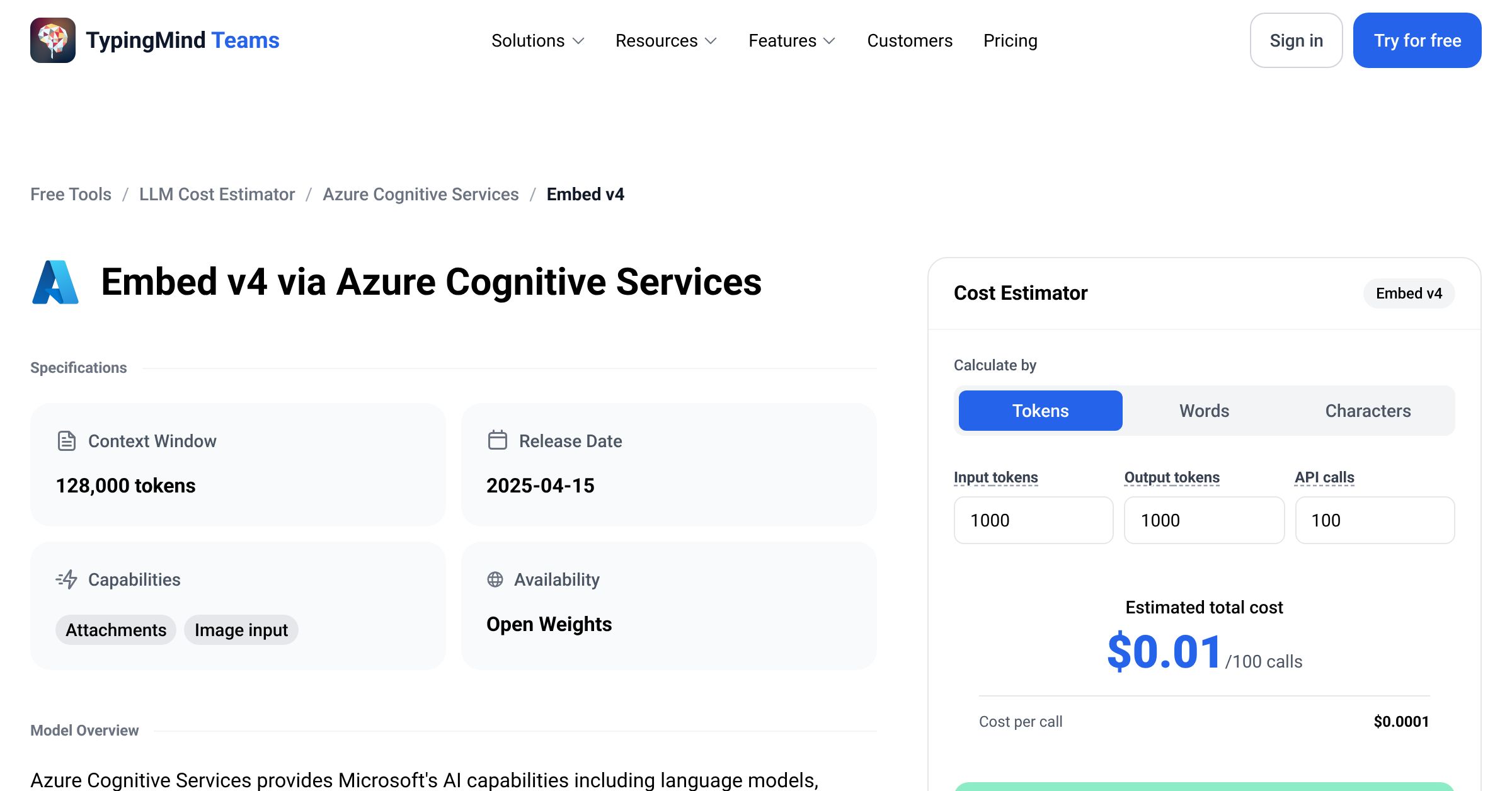 Azure Cognitive Services Embed v4 API Pricing Calculator