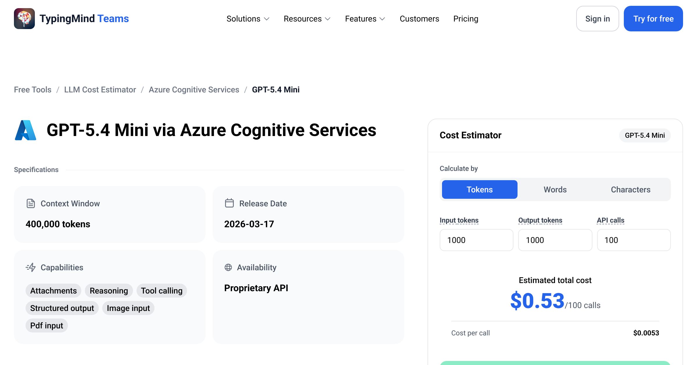 Azure Cognitive Services GPT-5.4 Mini API Pricing Calculator