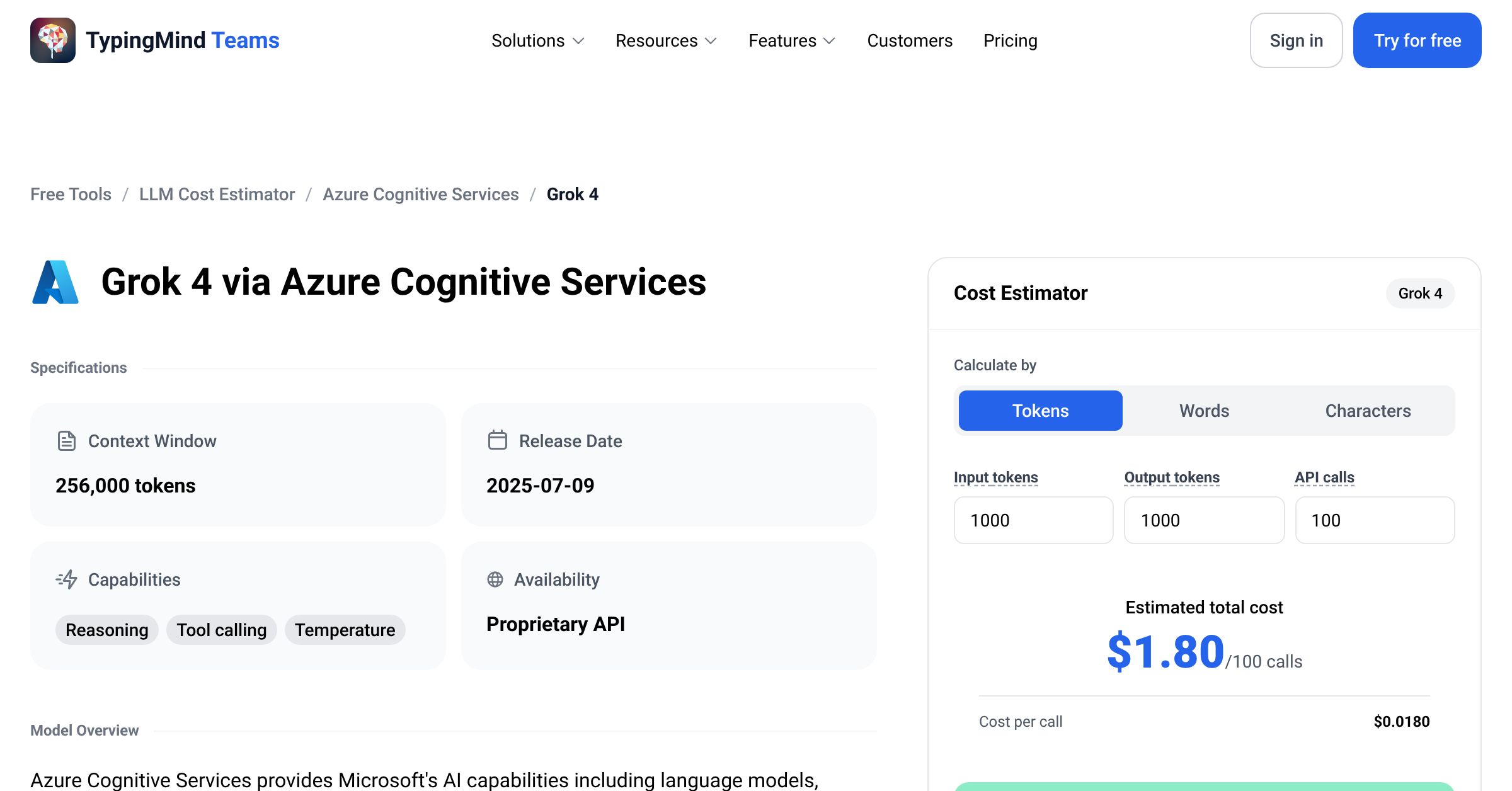 Azure Cognitive Services Grok 4 API Pricing Calculator