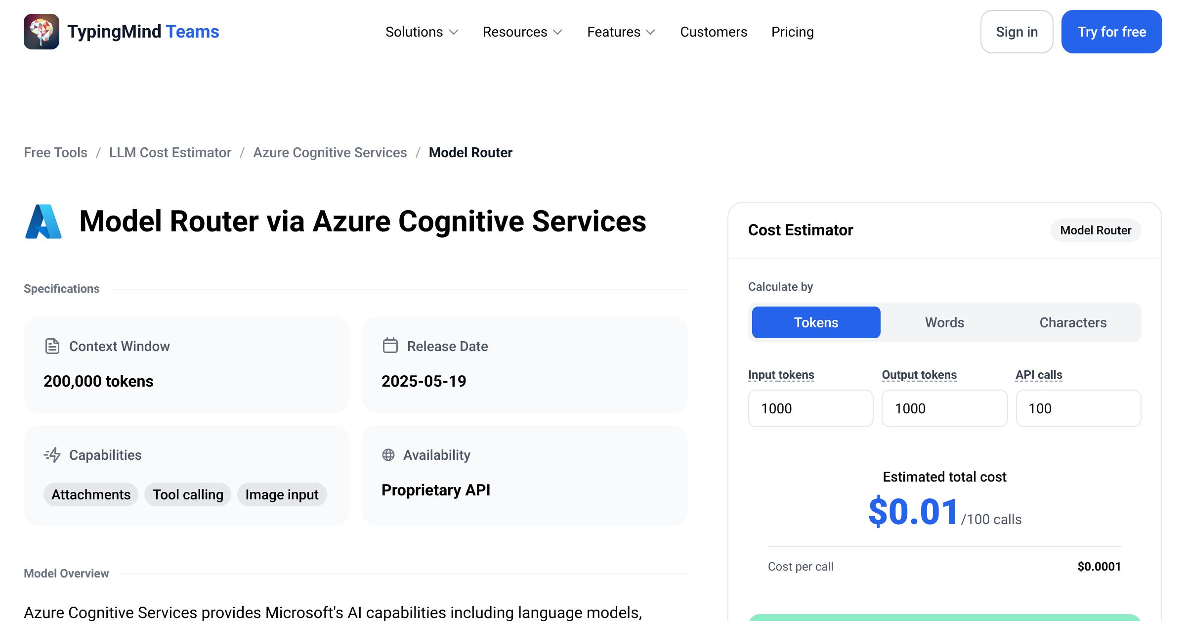 Azure Cognitive Services Model Router API Pricing Calculator