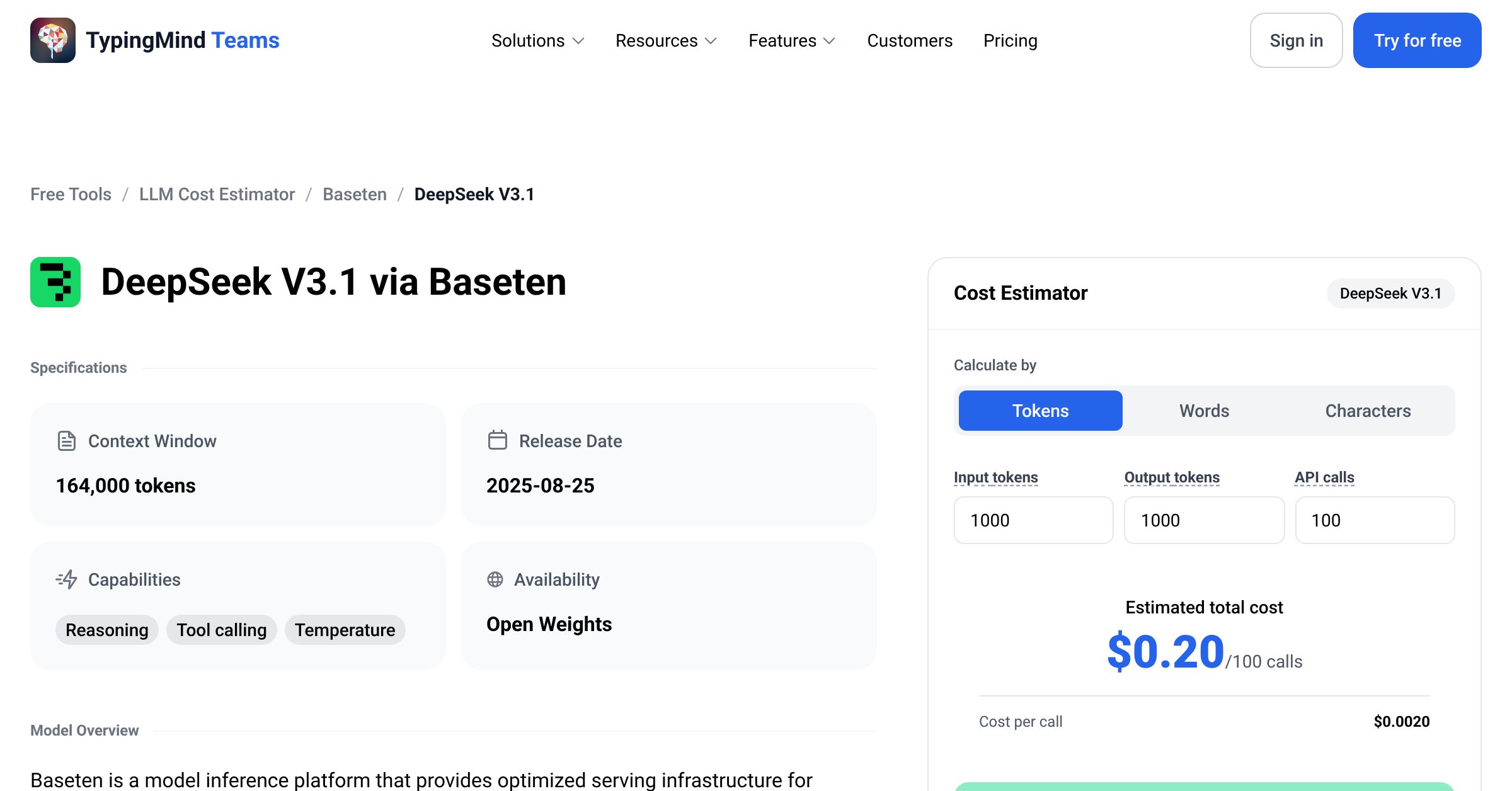 Baseten DeepSeek V3.1 API Pricing Calculator