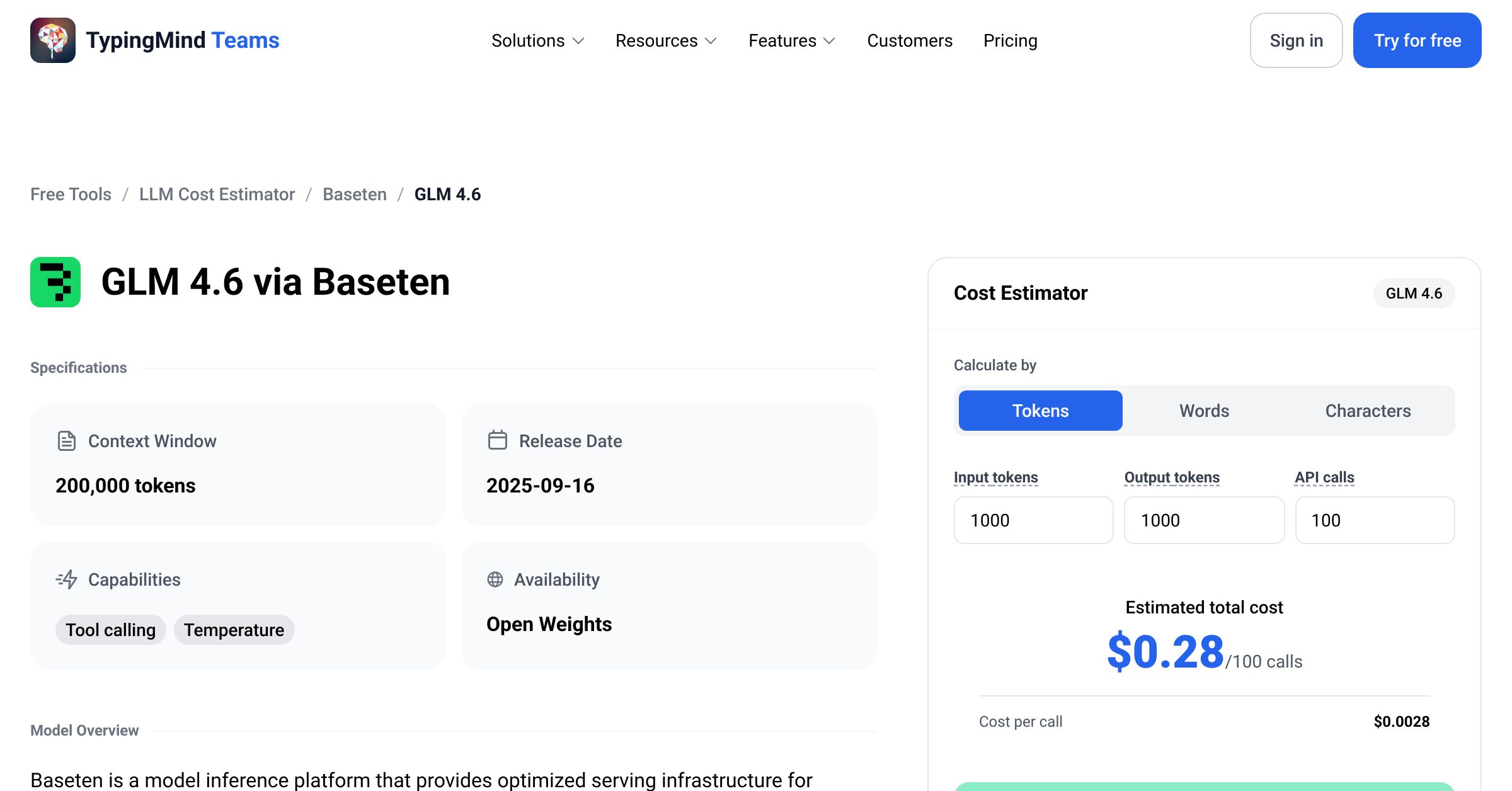Baseten GLM 4.6 API Pricing Calculator