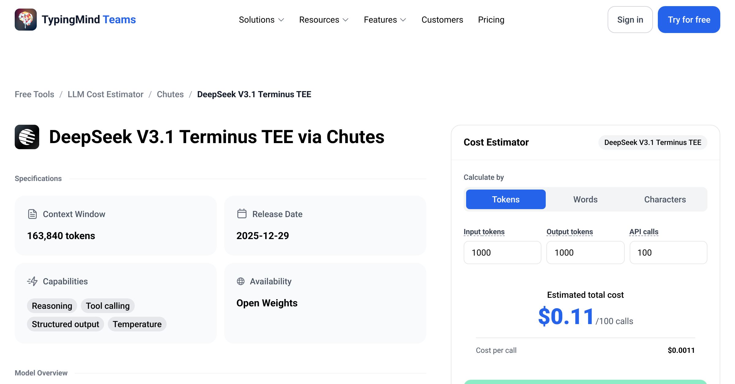 Chutes DeepSeek V3.1 Terminus TEE API Pricing Calculator