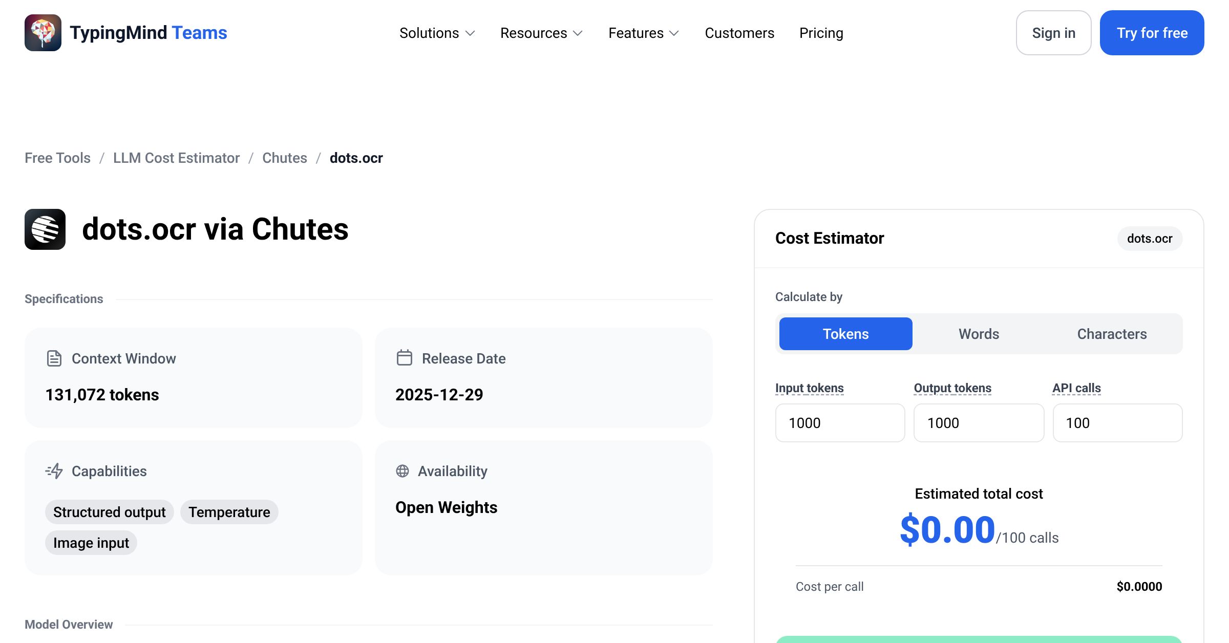 Chutes dots.ocr API Pricing Calculator