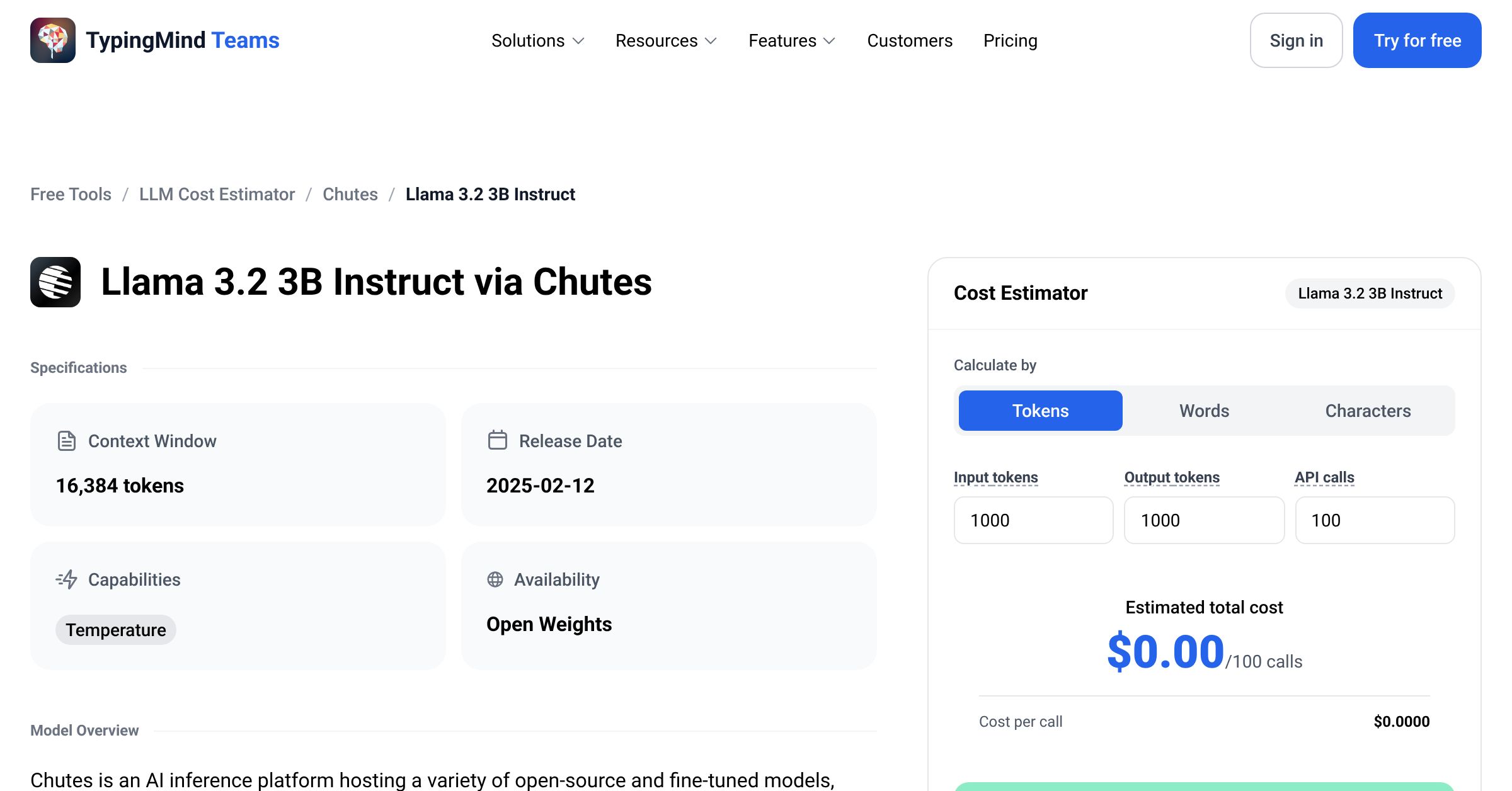 Chutes Llama 3.2 3B Instruct API Pricing Calculator