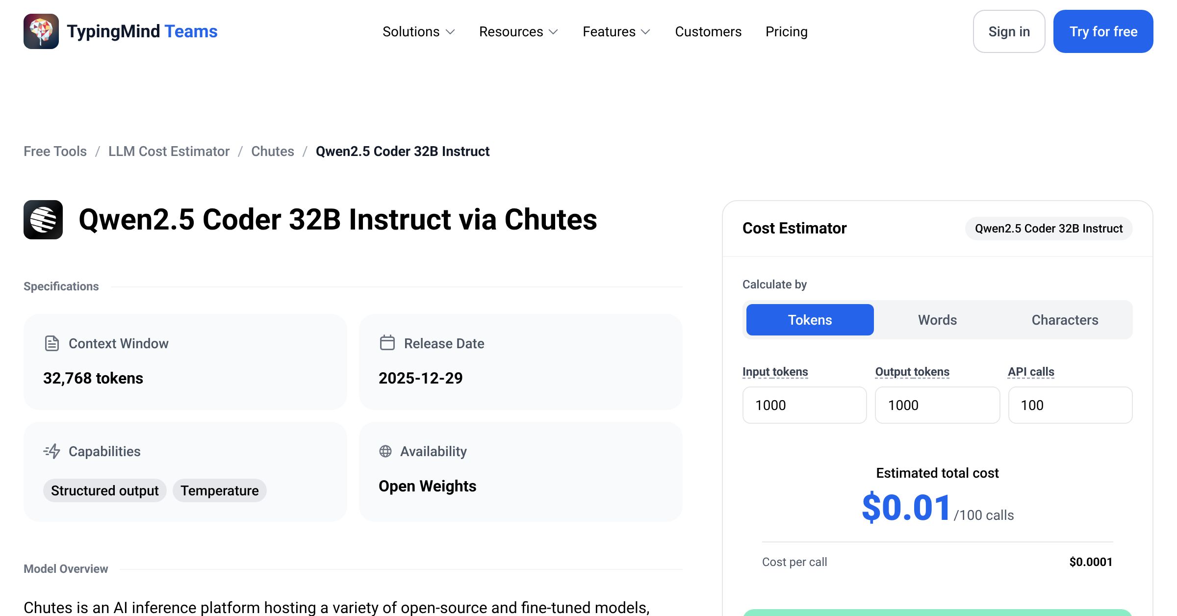 Chutes Qwen2.5 Coder 32B Instruct API Pricing Calculator