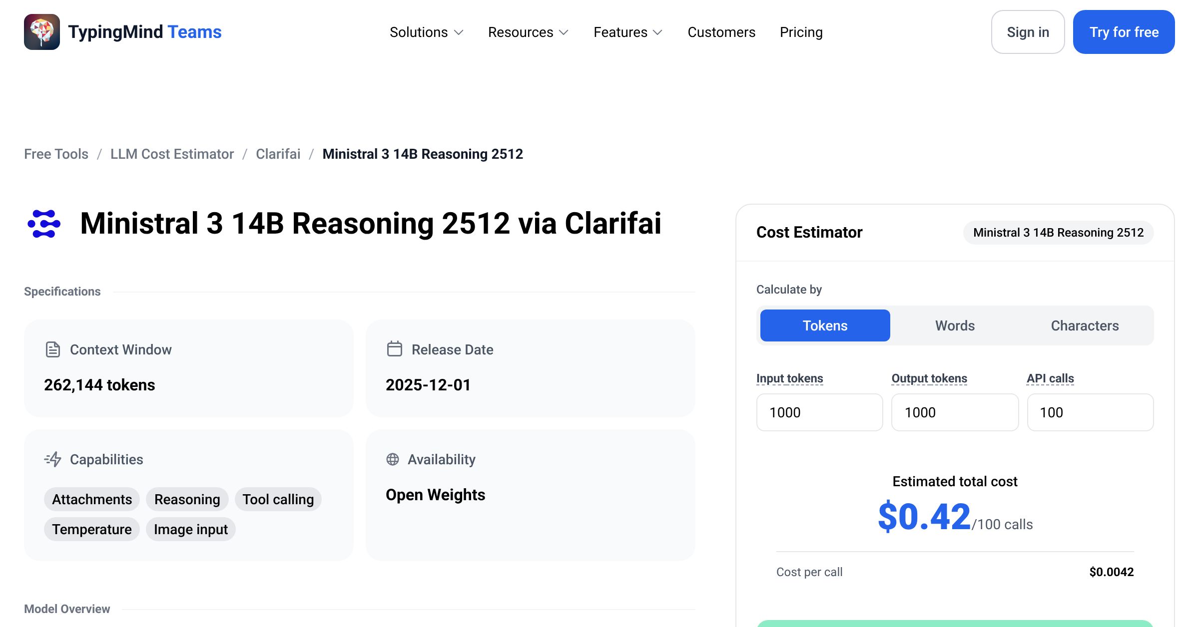 Clarifai Ministral 3 14B Reasoning 2512 API Pricing Calculator