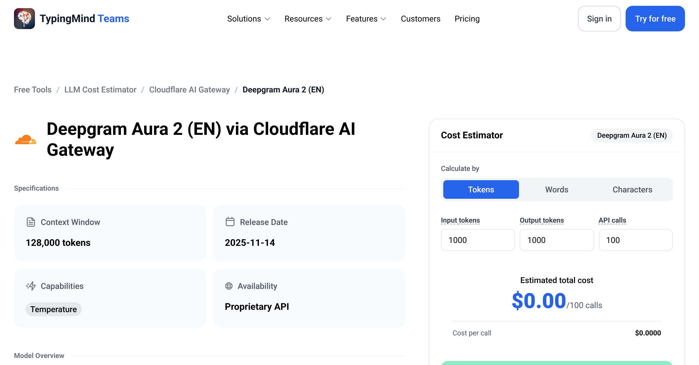 Cloudflare AI Gateway Deepgram Aura 2 (EN) API Pricing Calculator