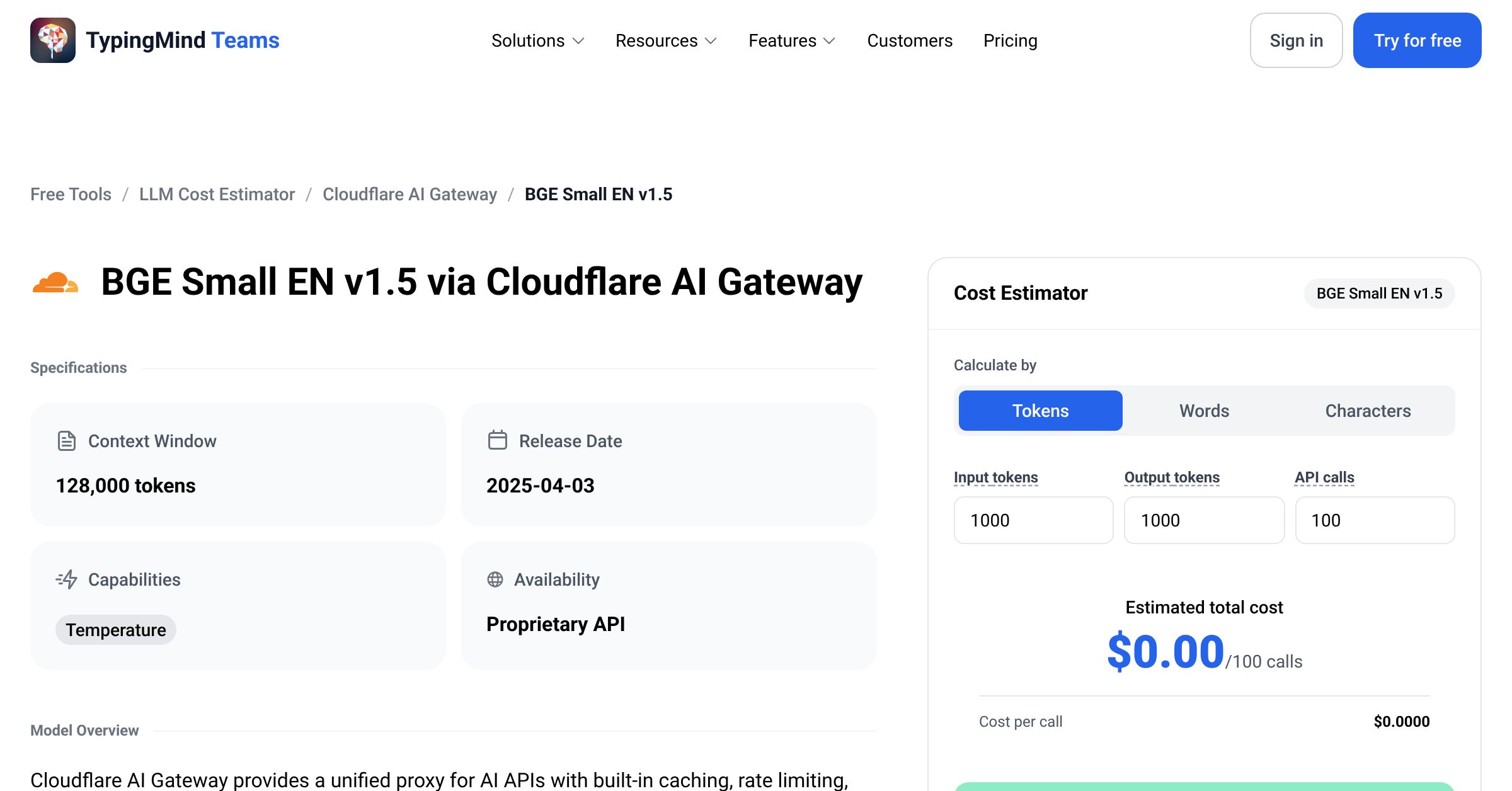 Cloudflare AI Gateway BGE Small EN v1.5 API Pricing Calculator