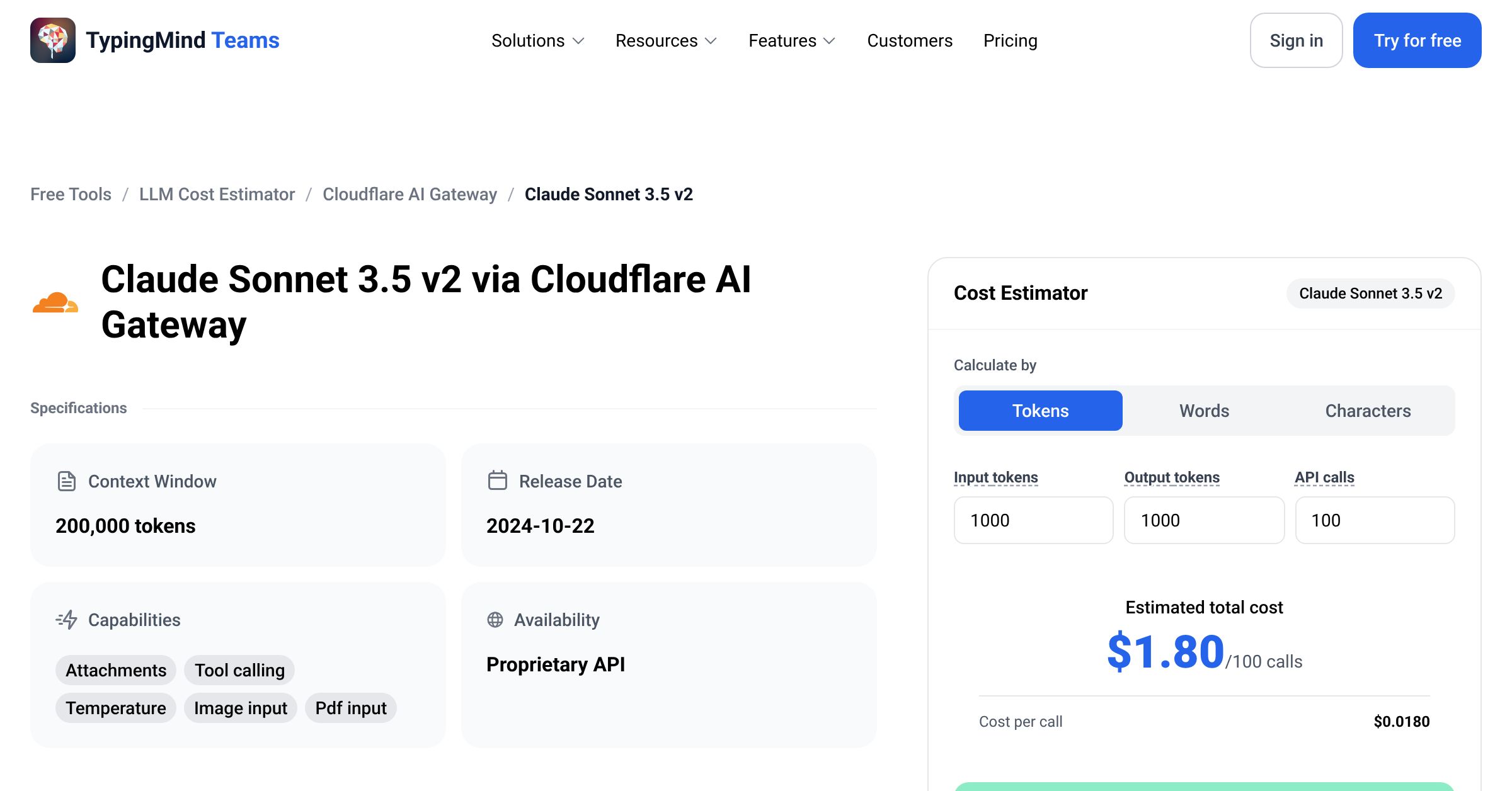 Cloudflare AI Gateway Claude Sonnet 3.5 v2 API Pricing Calculator