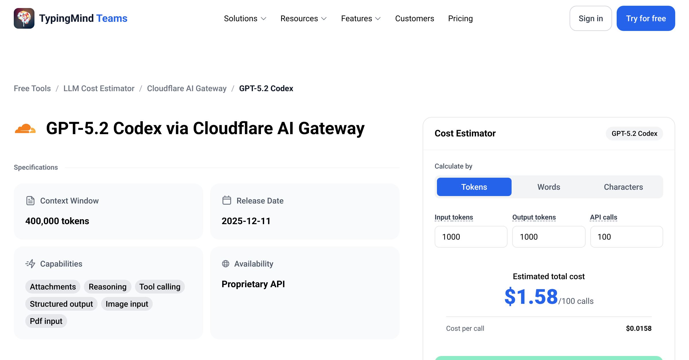 Cloudflare AI Gateway GPT-5.2 Codex API Pricing Calculator