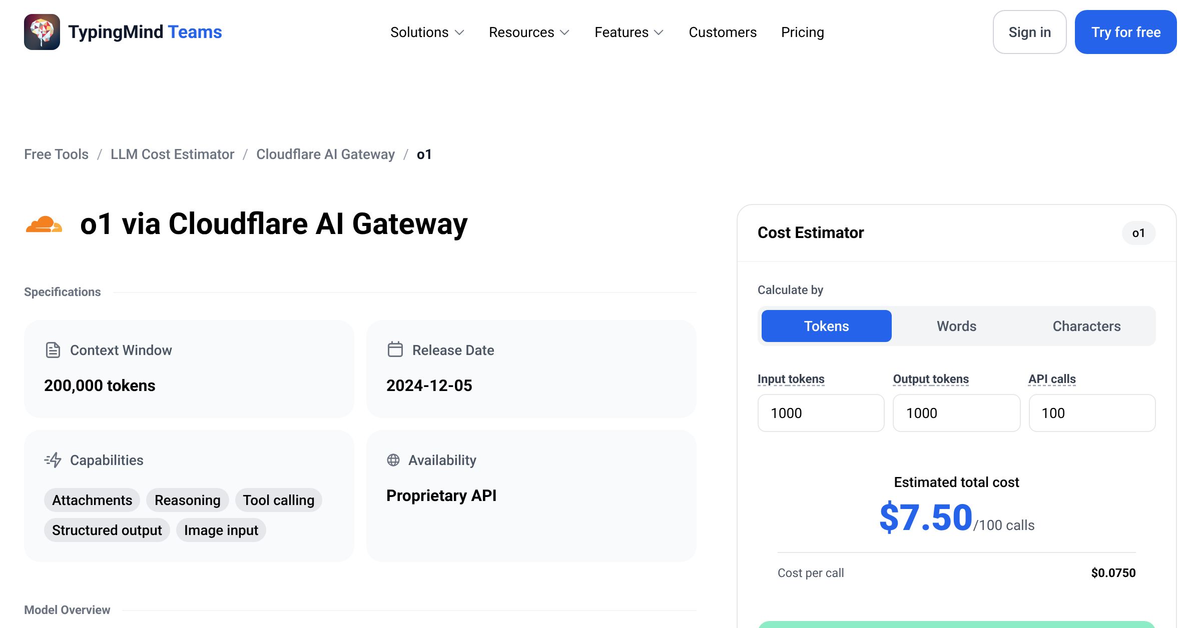Cloudflare AI Gateway o1 API Pricing Calculator