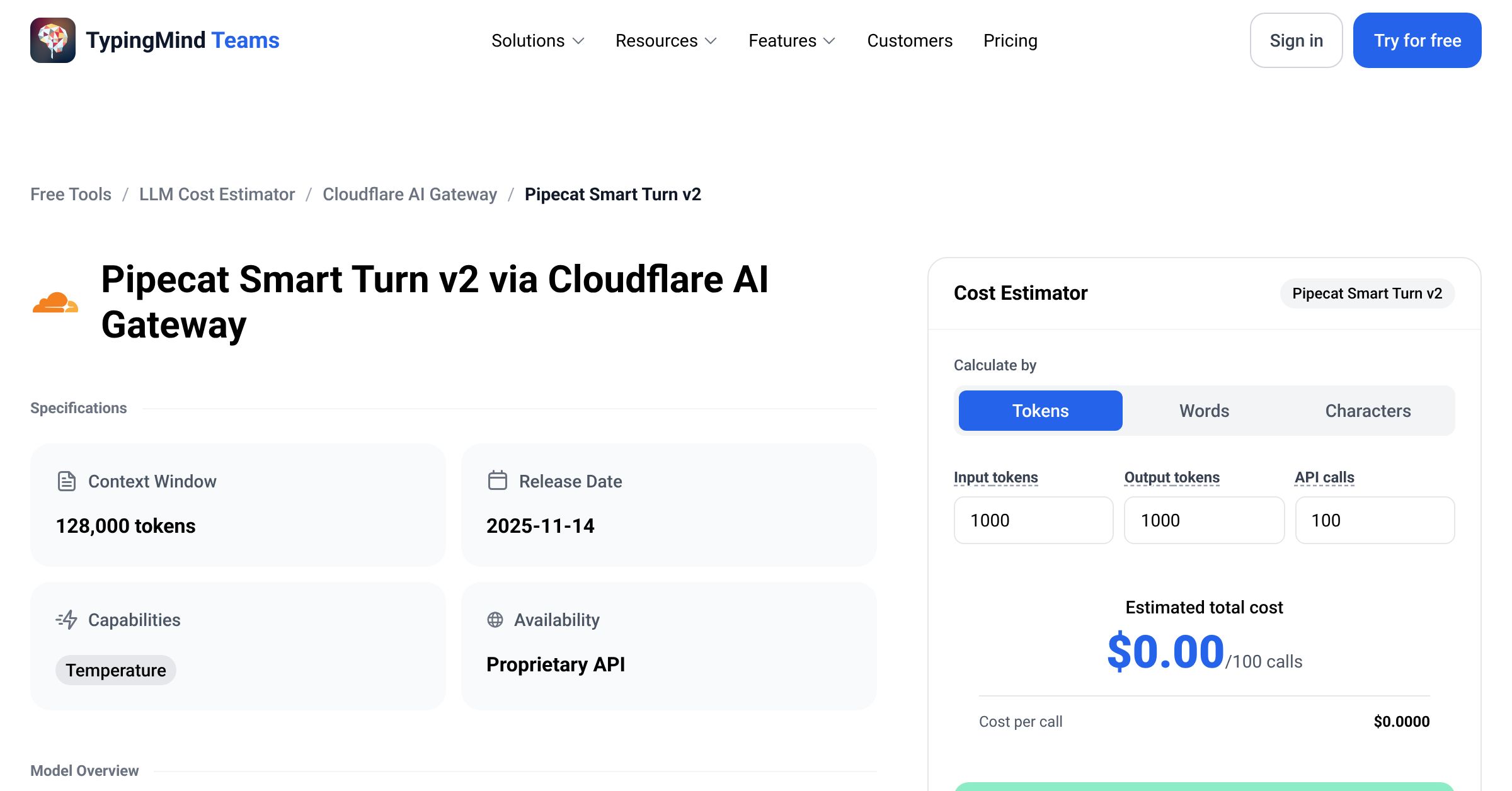 Cloudflare AI Gateway Pipecat Smart Turn v2 API Pricing Calculator