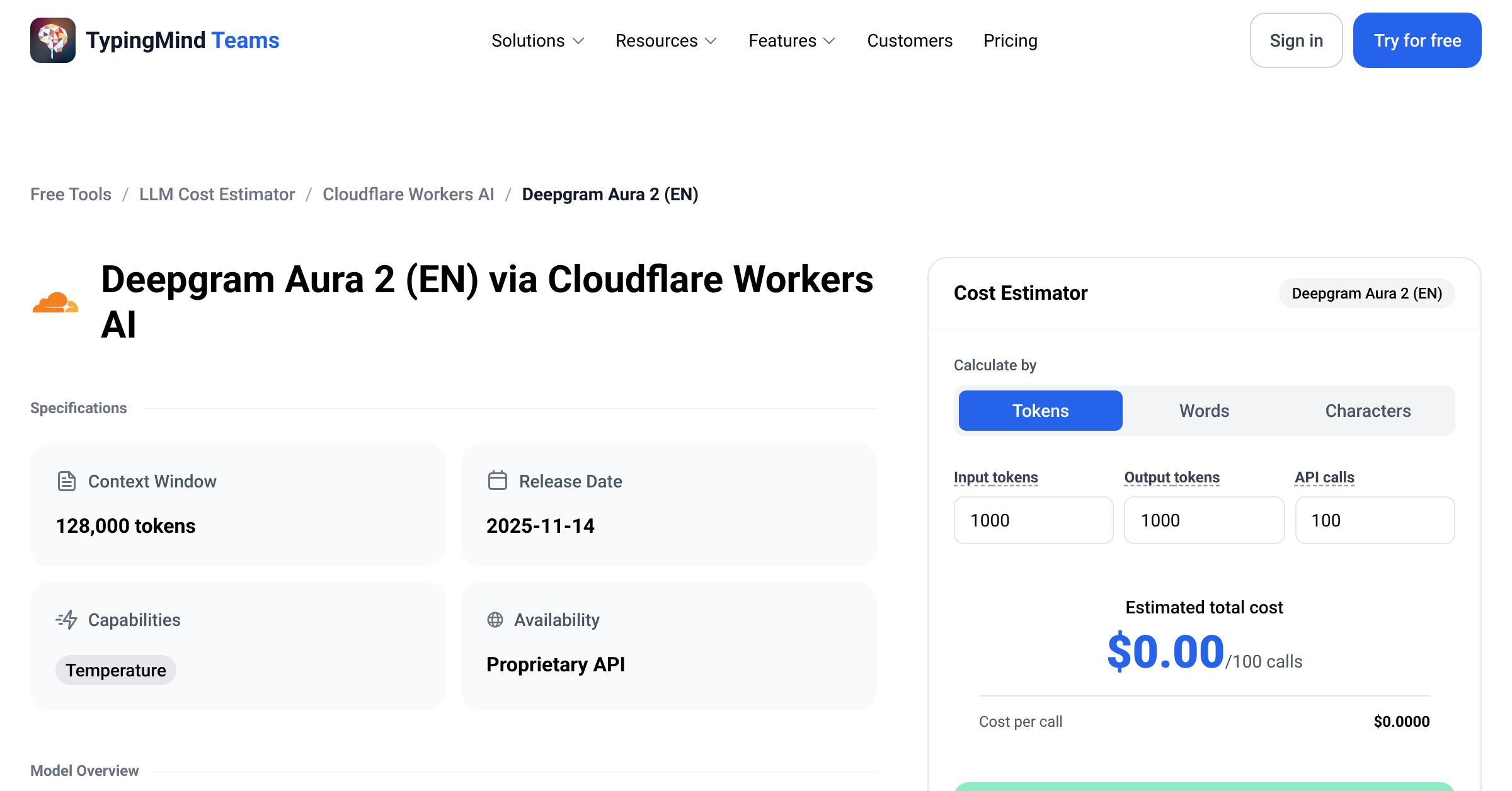 Cloudflare Workers AI Deepgram Aura 2 (EN) API Pricing Calculator