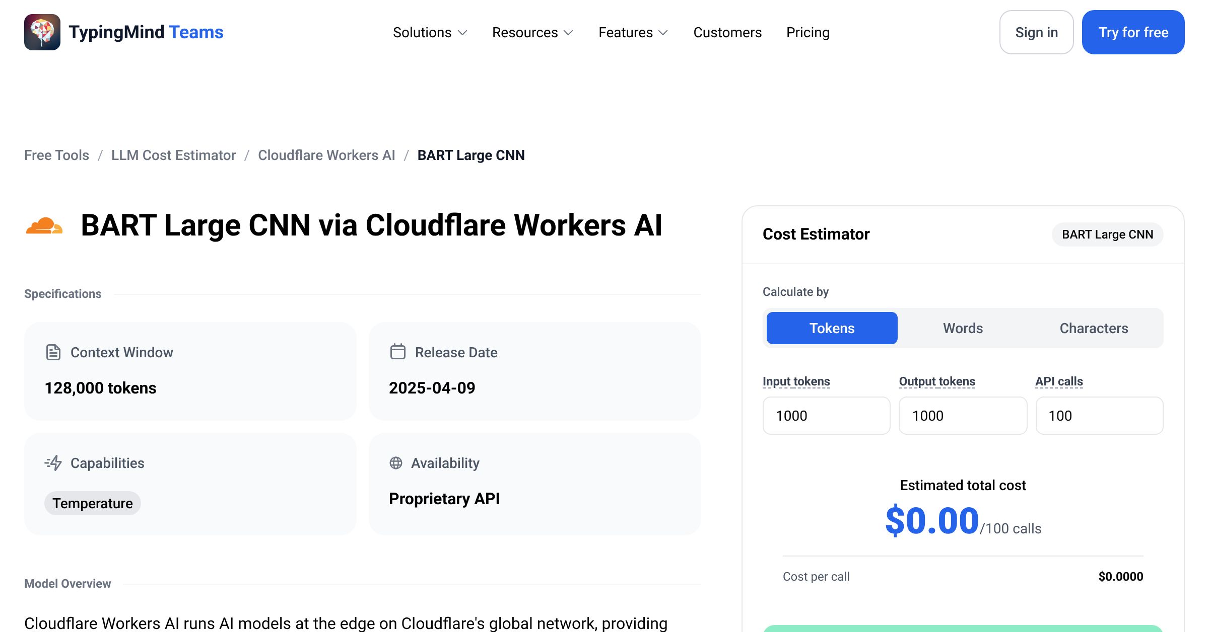 Cloudflare Workers AI BART Large CNN API Pricing Calculator