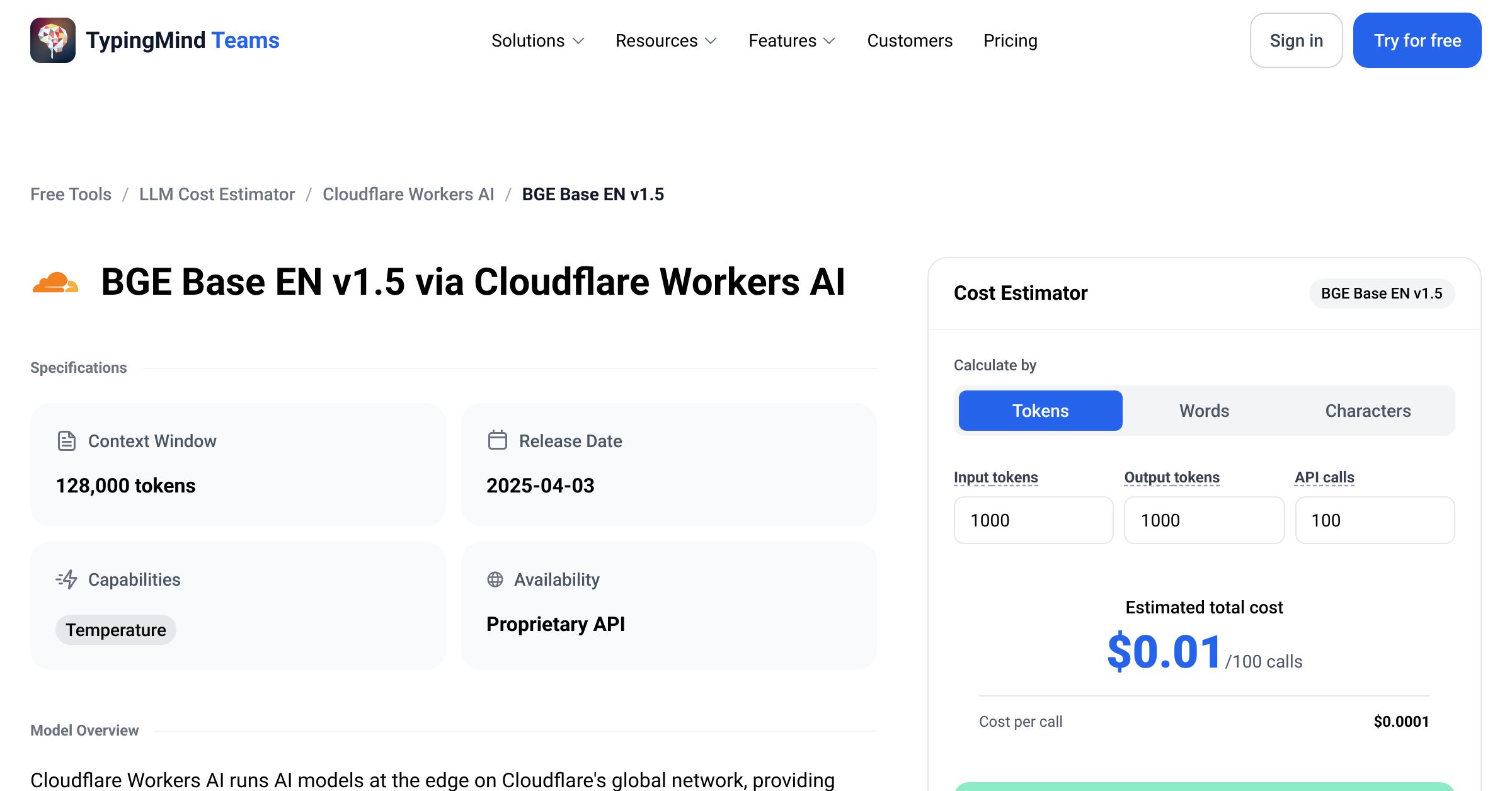 Cloudflare Workers AI BGE Base EN v1.5 API Pricing Calculator