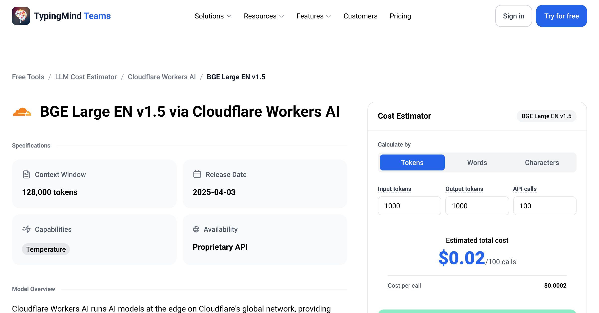 Cloudflare Workers AI BGE Large EN v1.5 API Pricing Calculator