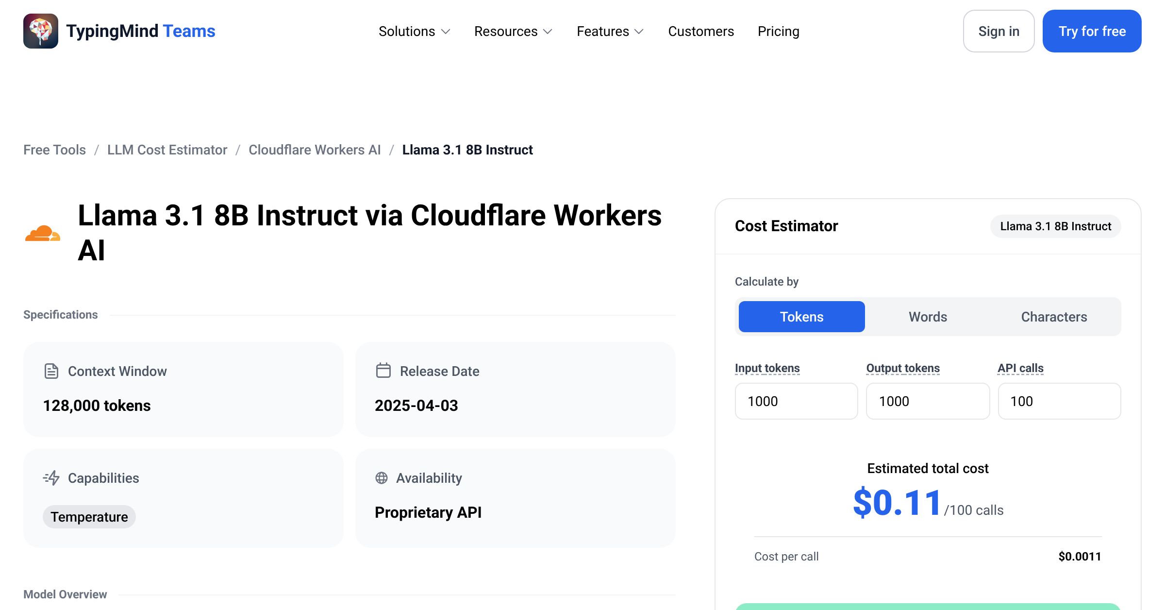Cloudflare Workers AI Llama 3.1 8B Instruct API Pricing Calculator