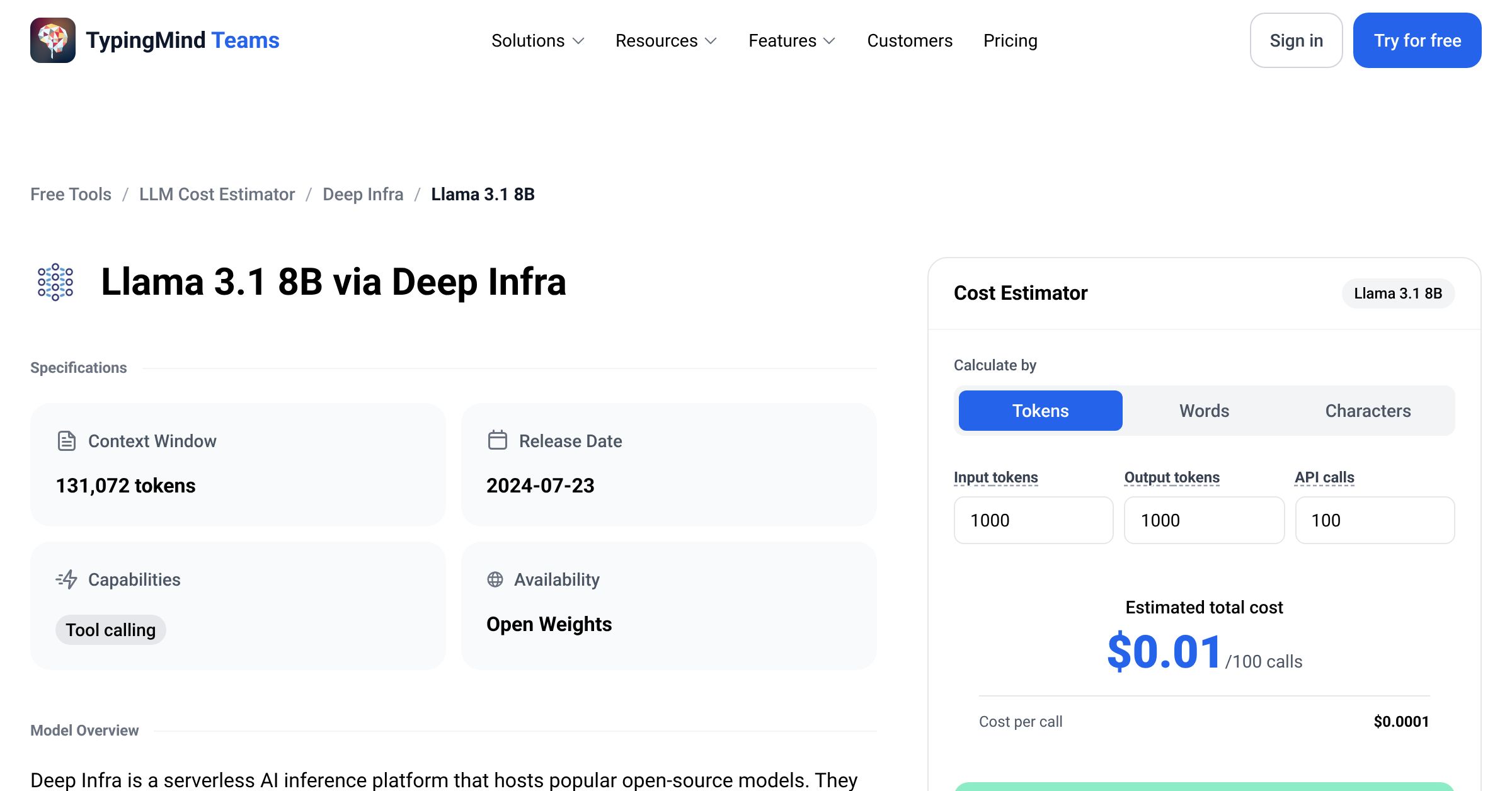 Deep Infra Llama 3.1 8B API Pricing Calculator