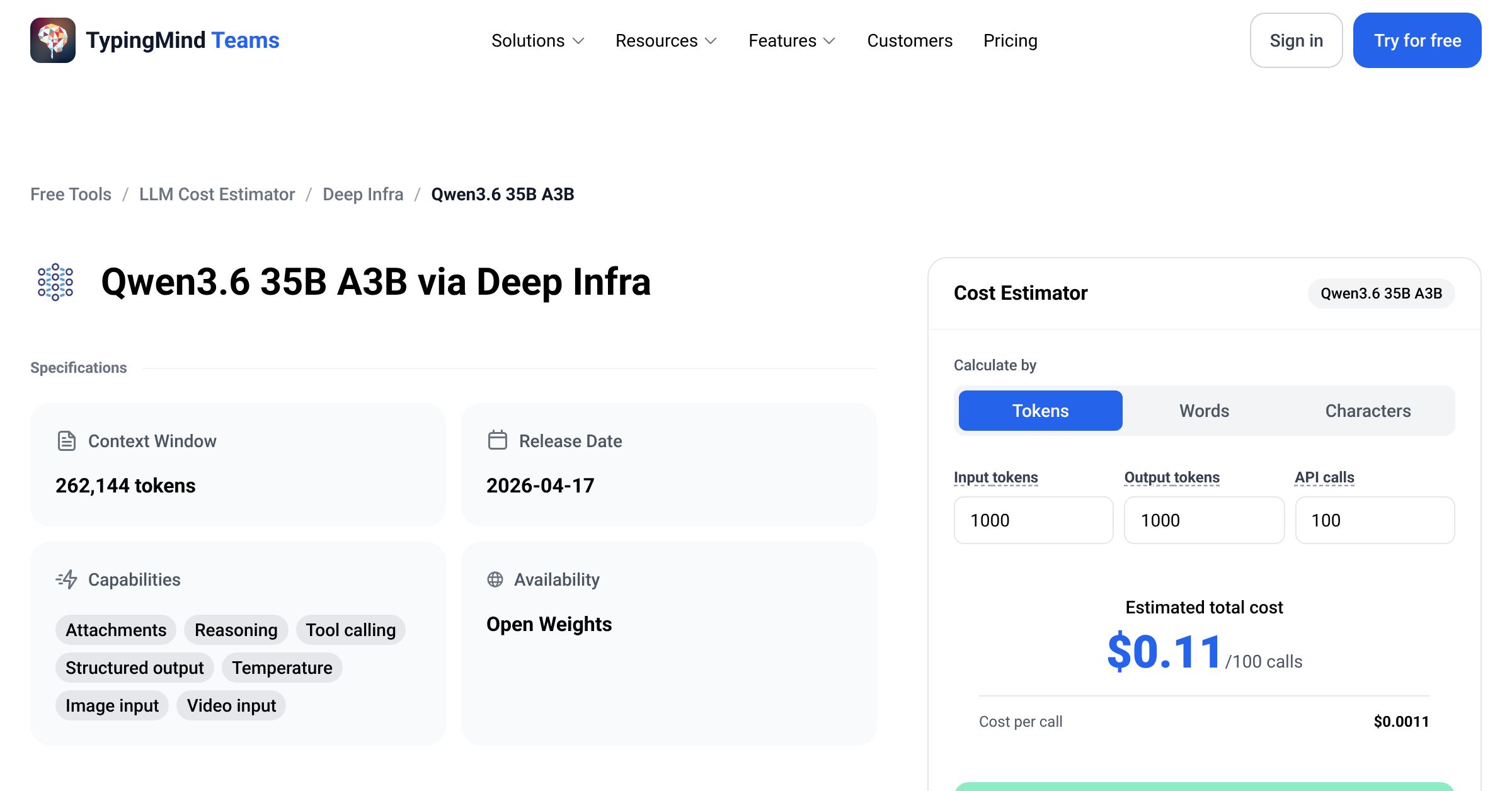 Deep Infra Qwen3.6 35B A3B API Pricing Calculator