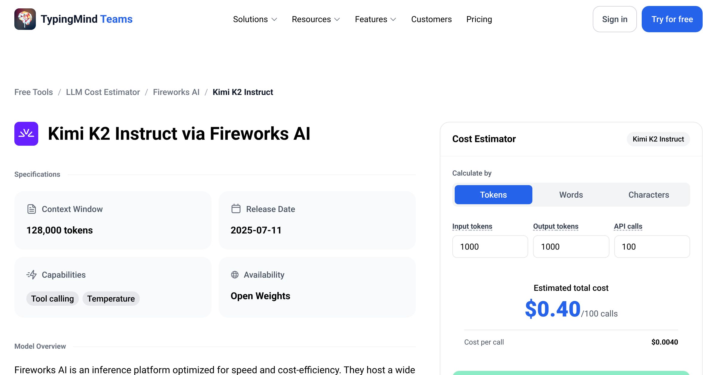 Fireworks AI Kimi K2 Instruct API Pricing Calculator