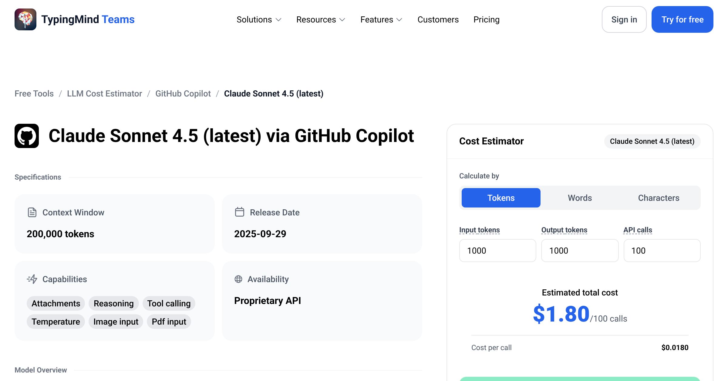 GitHub Copilot Claude Sonnet 4.5 (latest) API Pricing Calculator