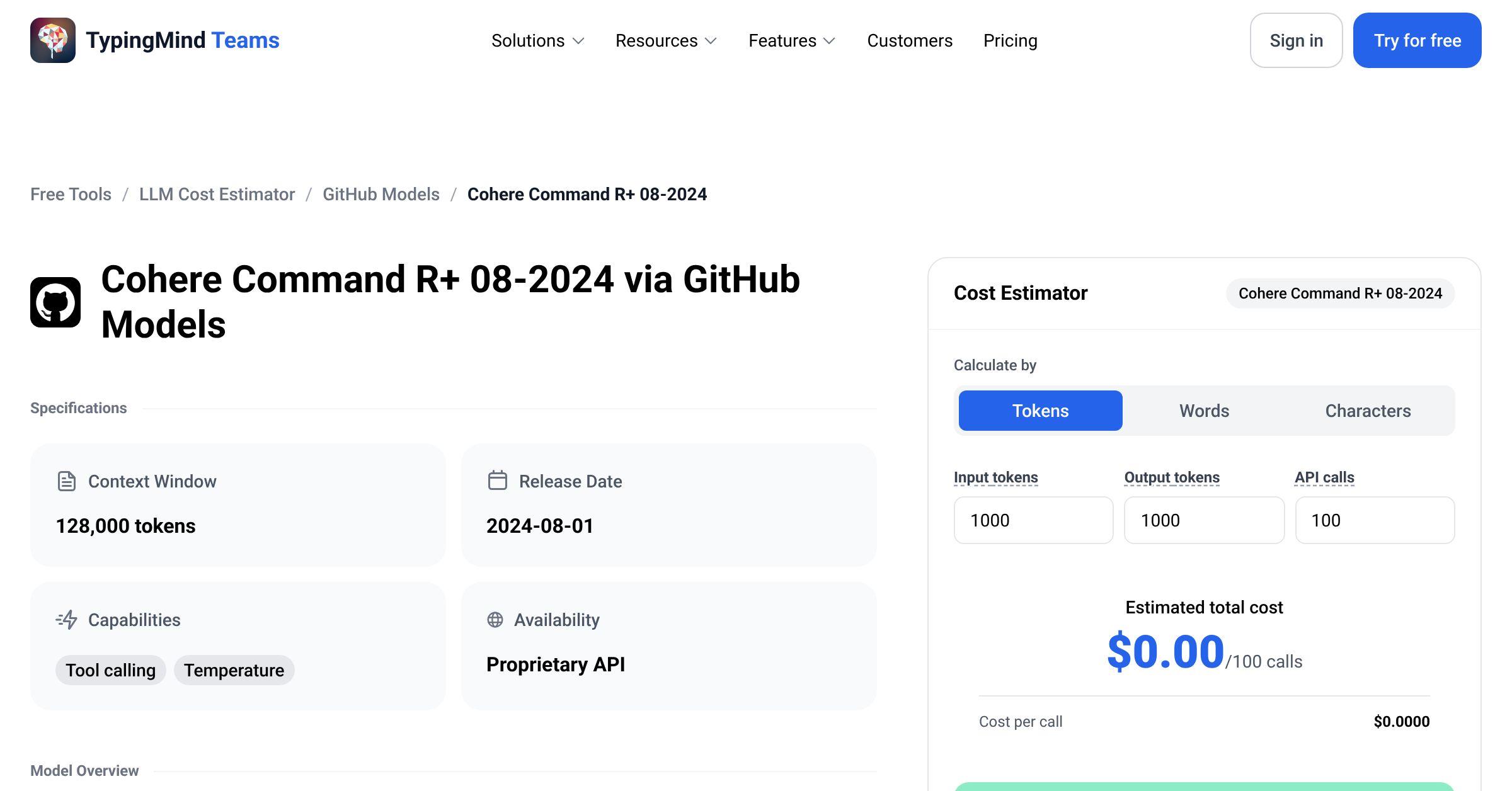 GitHub Models Cohere Command R+ 08-2024 API Pricing Calculator