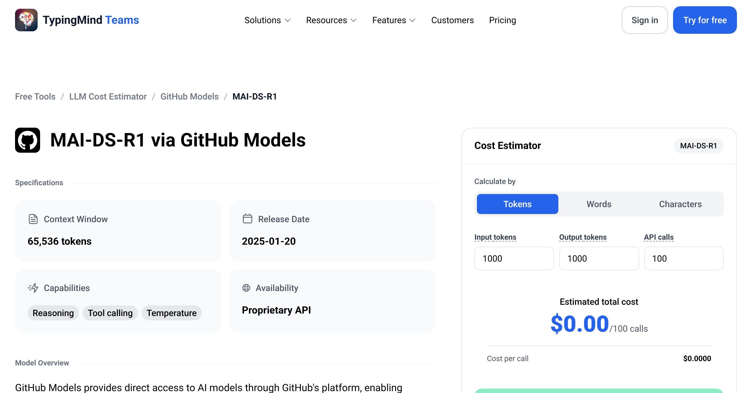 GitHub Models MAI-DS-R1 API Pricing Calculator