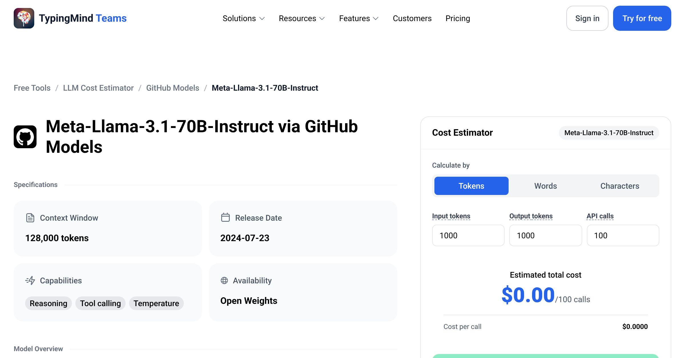 GitHub Models Meta-Llama-3.1-70B-Instruct API Pricing Calculator
