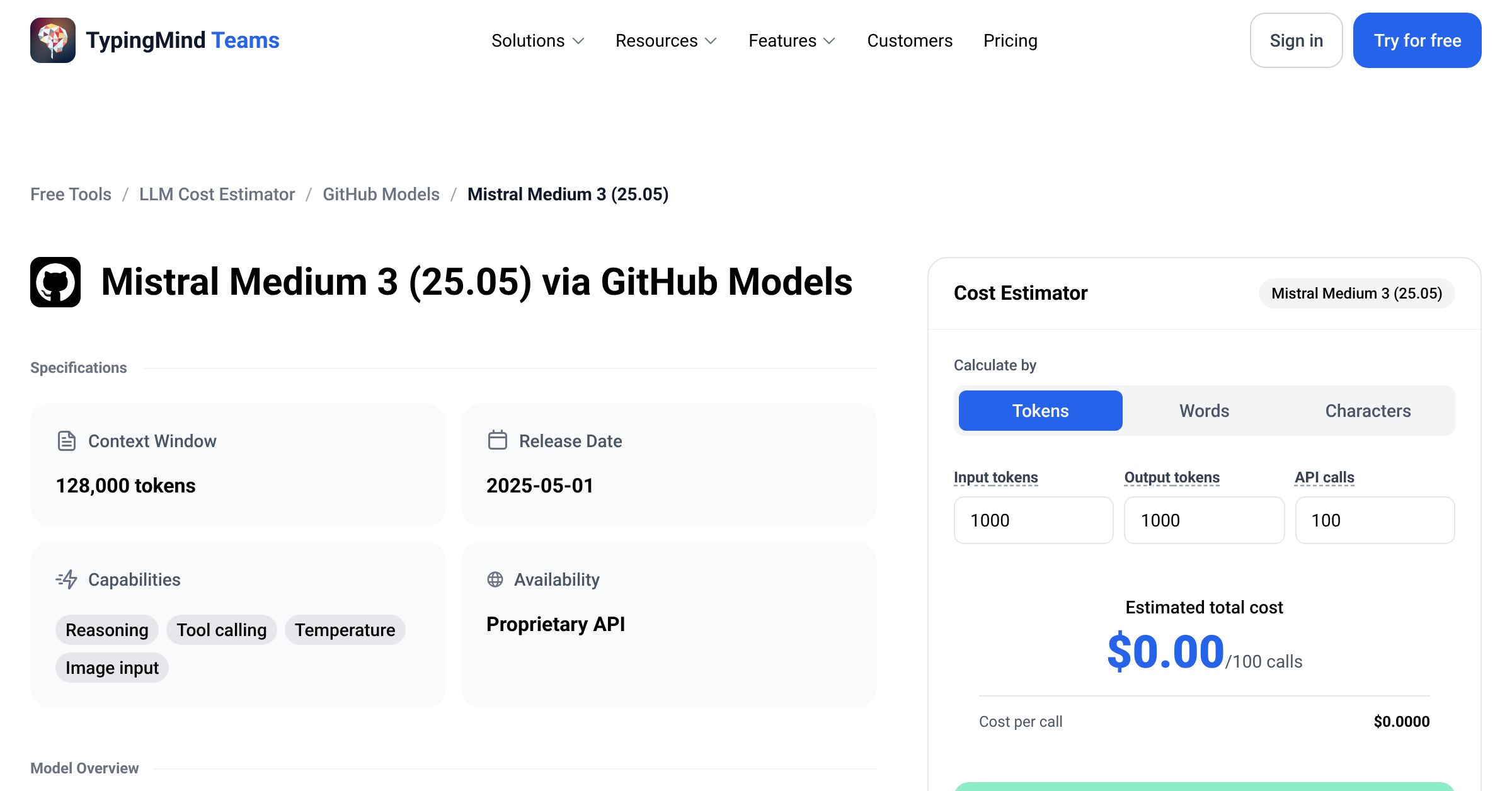 GitHub Models Mistral Medium 3 (25.05) API Pricing Calculator