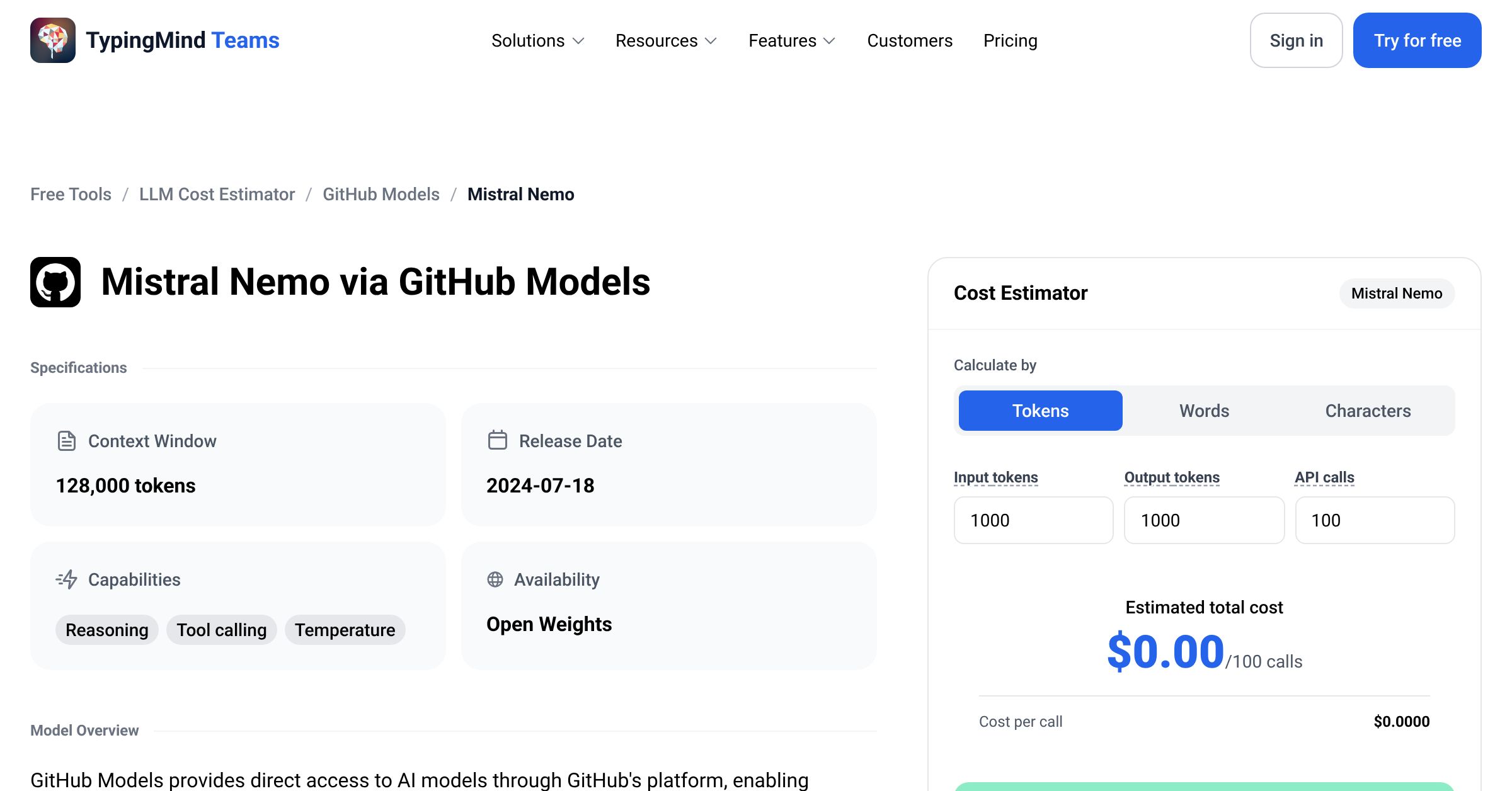 GitHub Models Mistral Nemo API Pricing Calculator