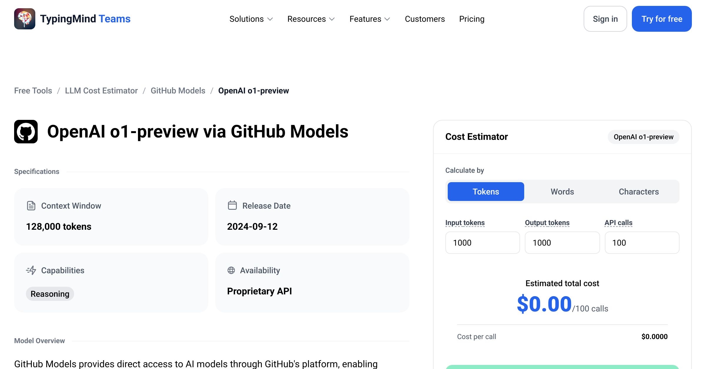 GitHub Models OpenAI o1-preview API Pricing Calculator