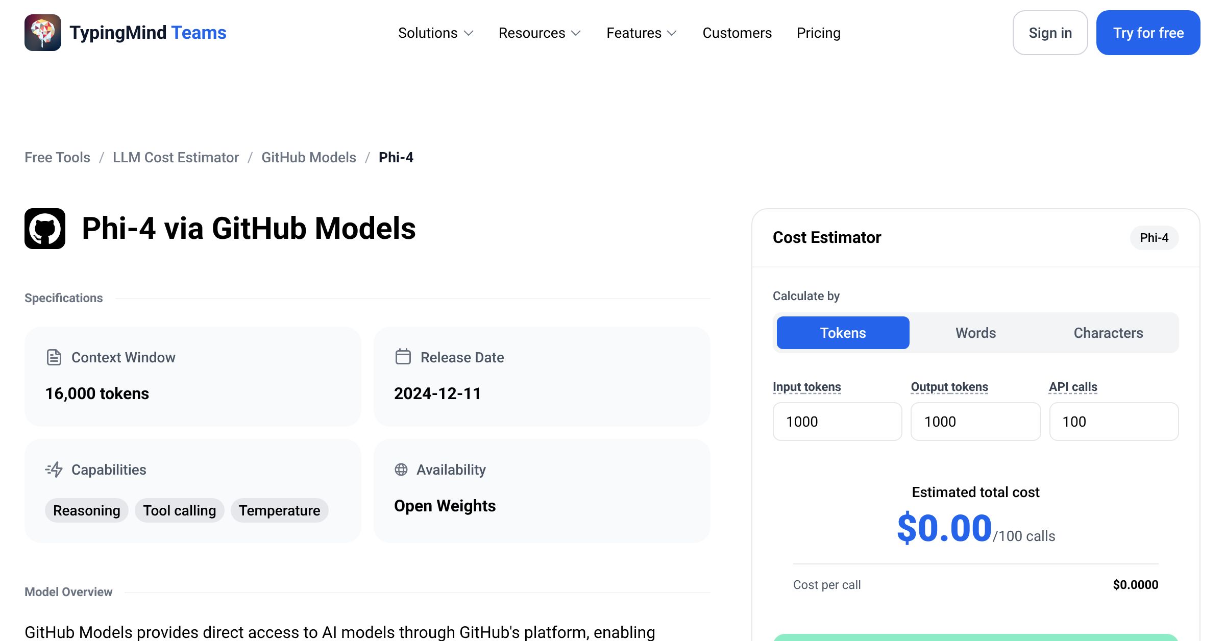 GitHub Models Phi-4 API Pricing Calculator