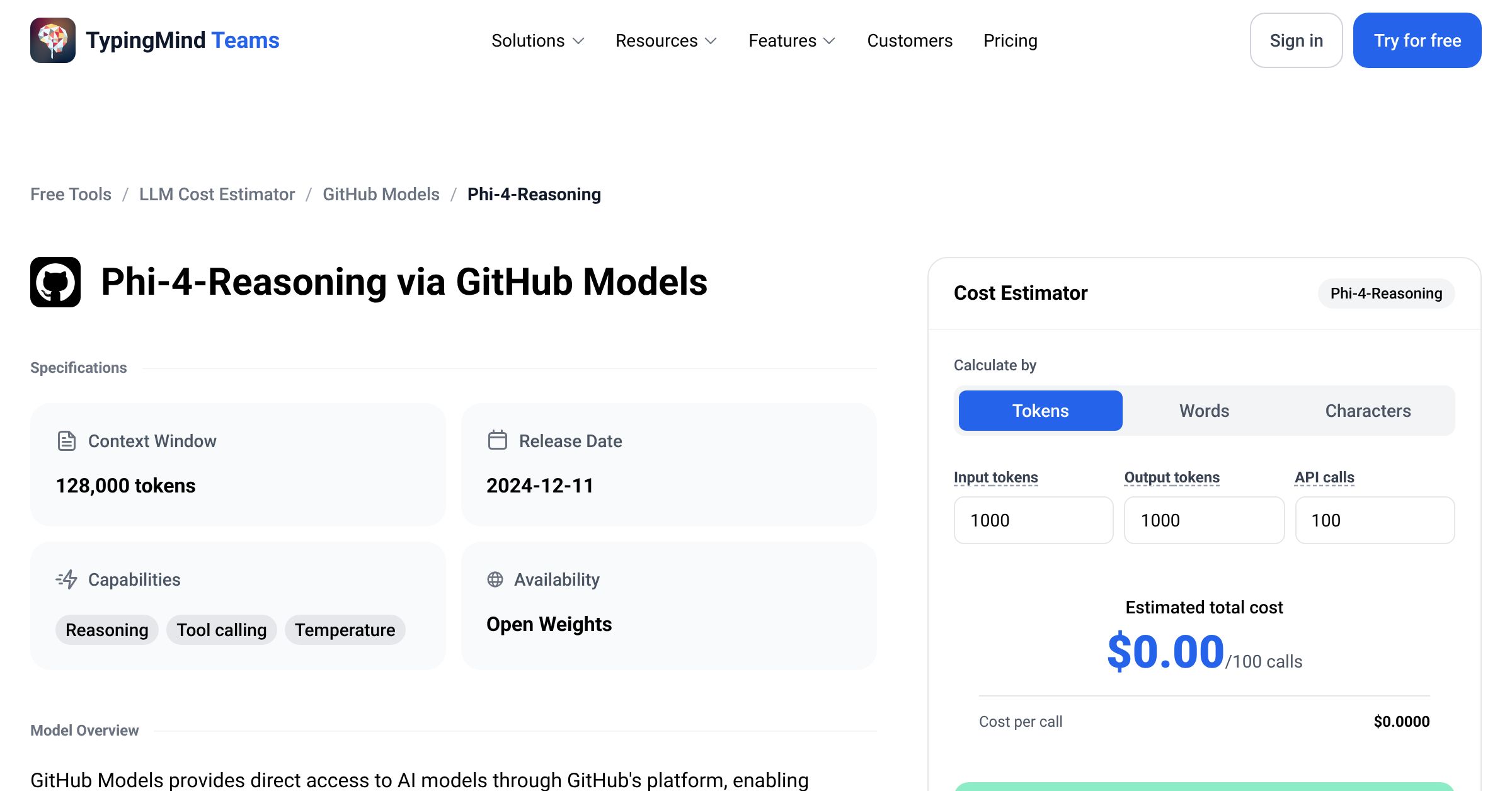 GitHub Models Phi-4-Reasoning API Pricing Calculator