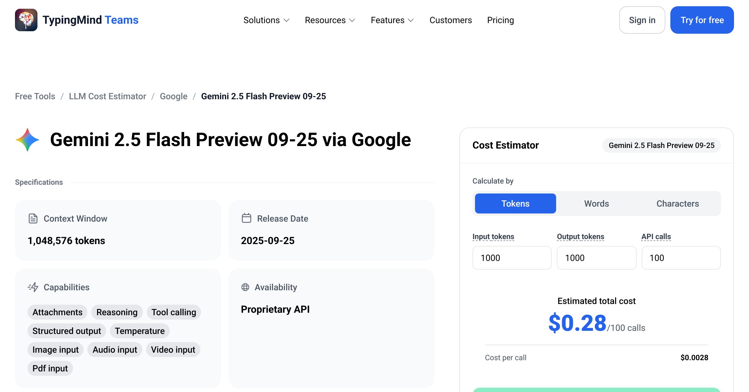 Google Gemini 2.5 Flash Preview 09-25 API Pricing Calculator