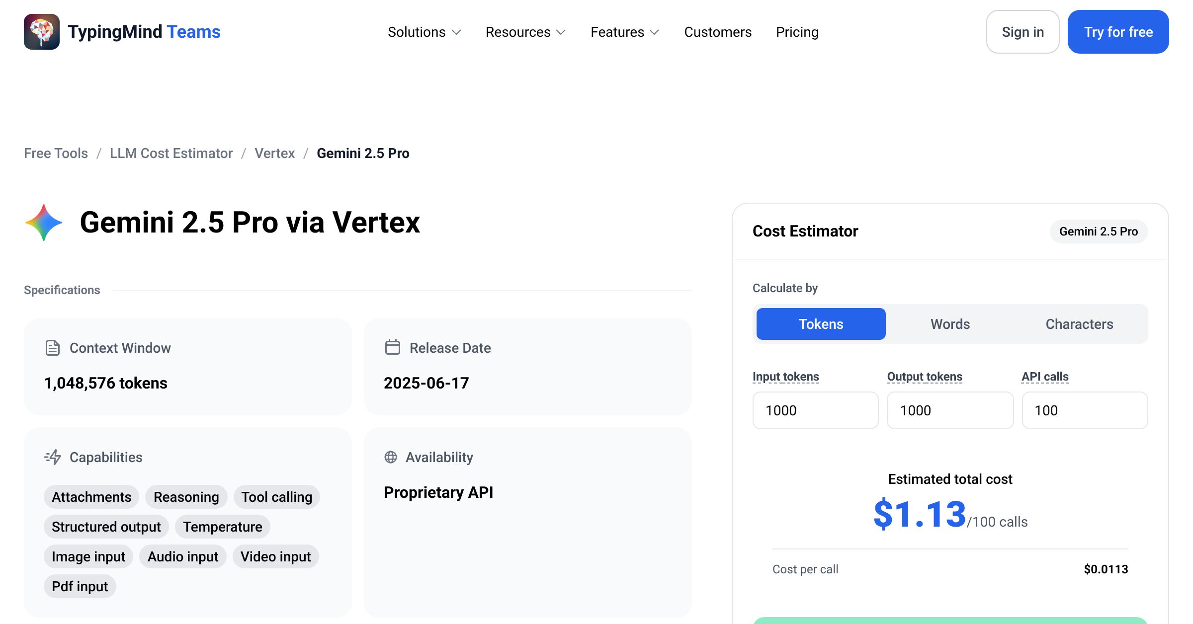 Vertex Gemini 2.5 Pro API Pricing Calculator