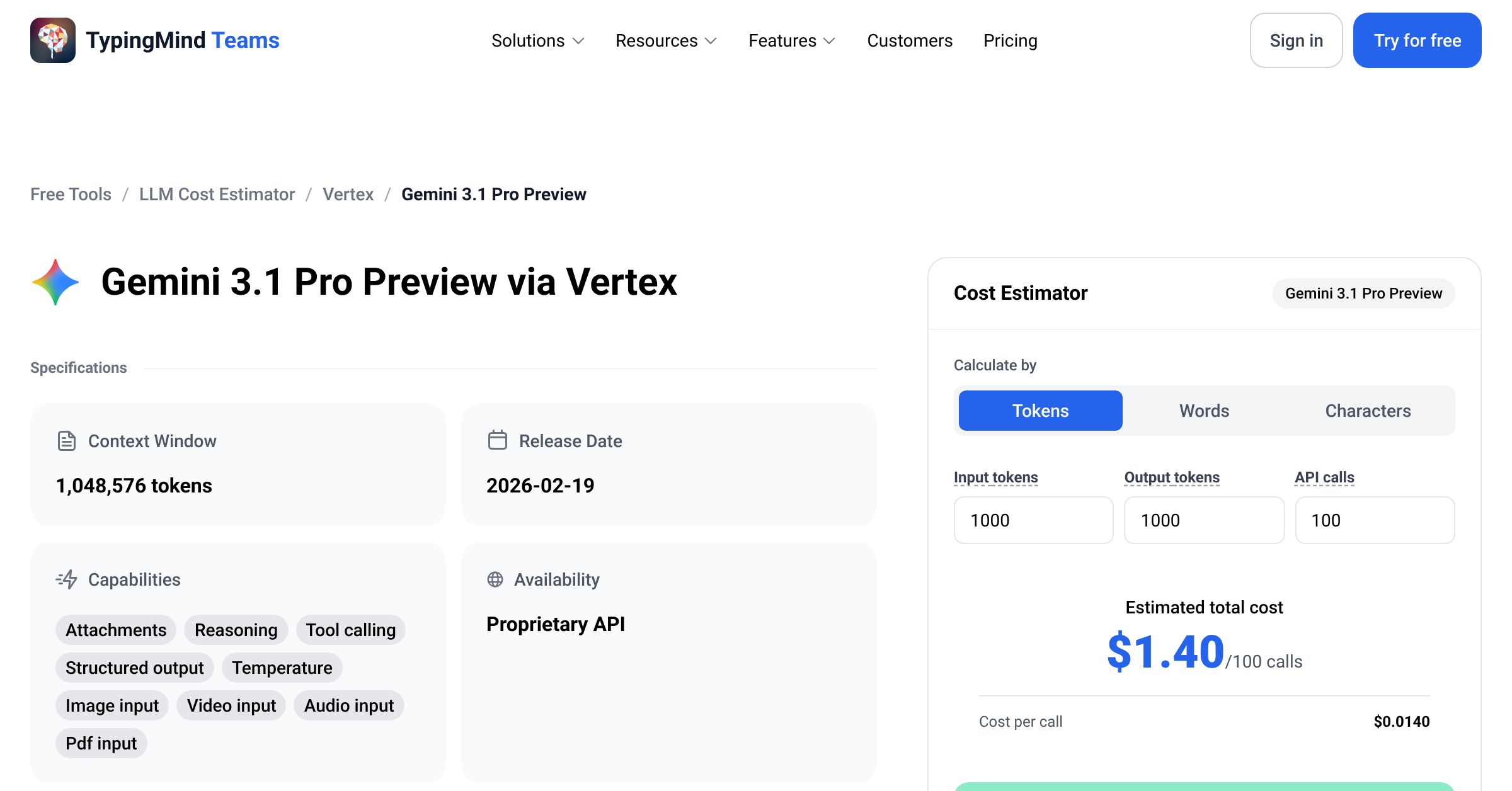 Vertex Gemini 3.1 Pro Preview API Pricing Calculator