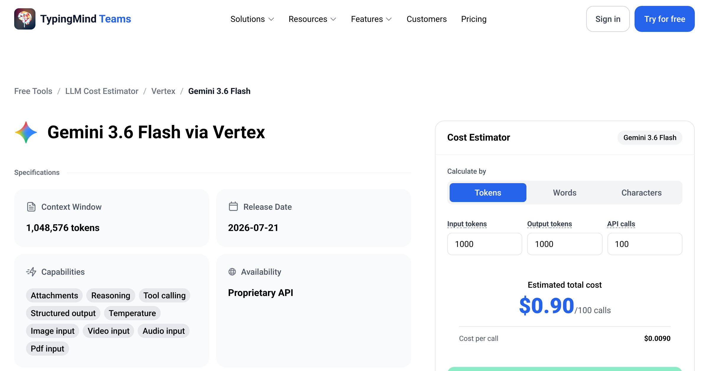 Vertex Gemini 3.6 Flash API Pricing Calculator
