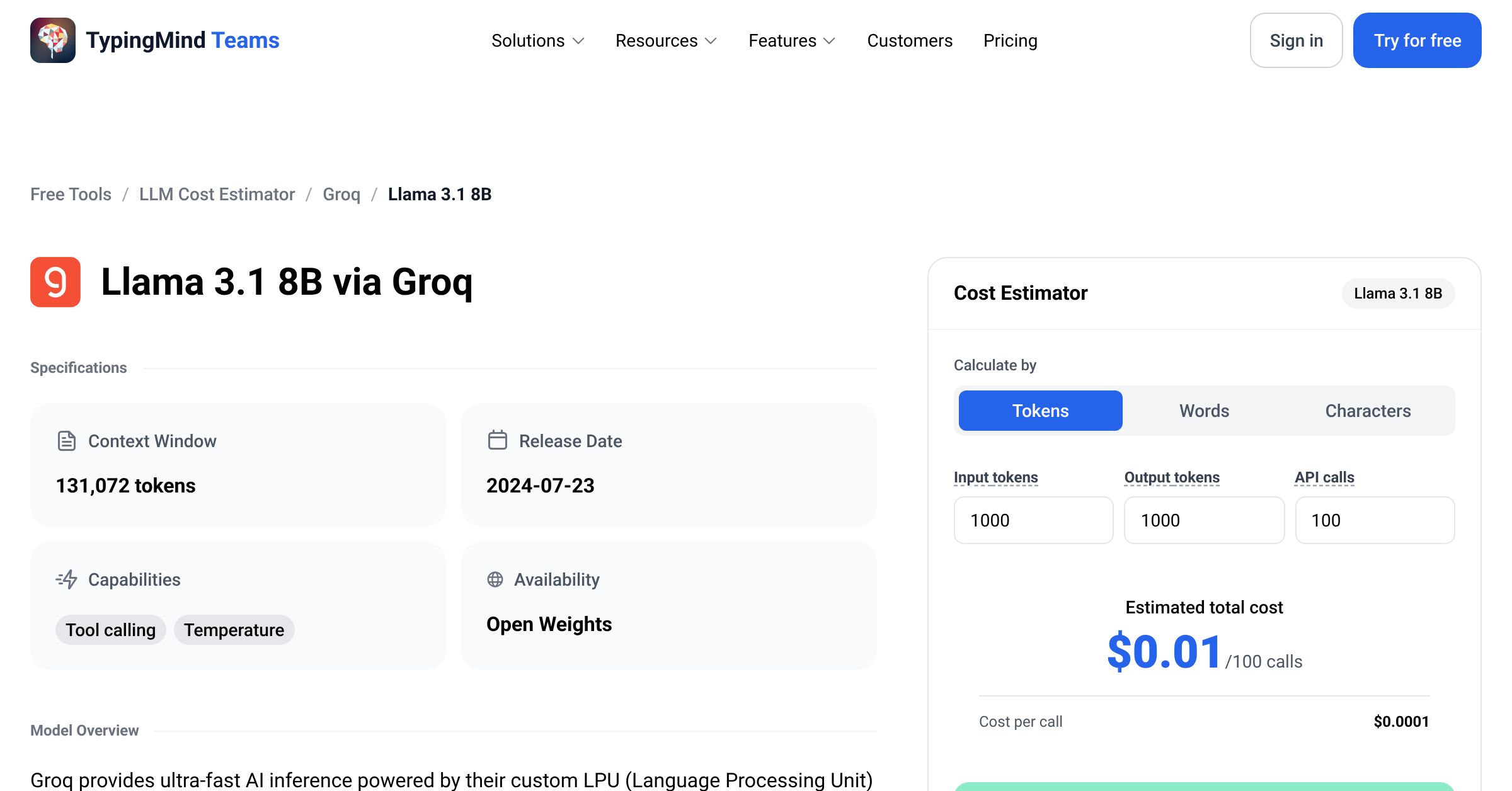 Groq Llama 3.1 8B Instant API Pricing Calculator