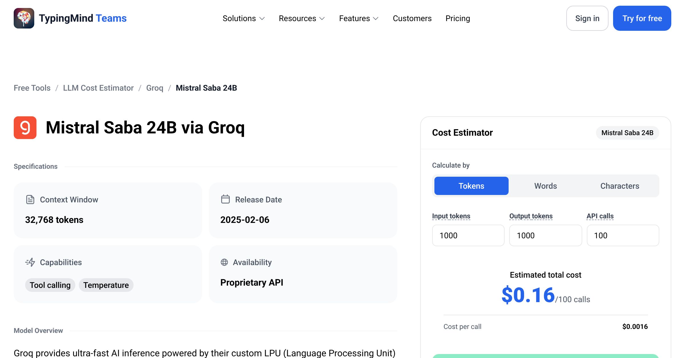 Groq Mistral Saba 24B API Pricing Calculator