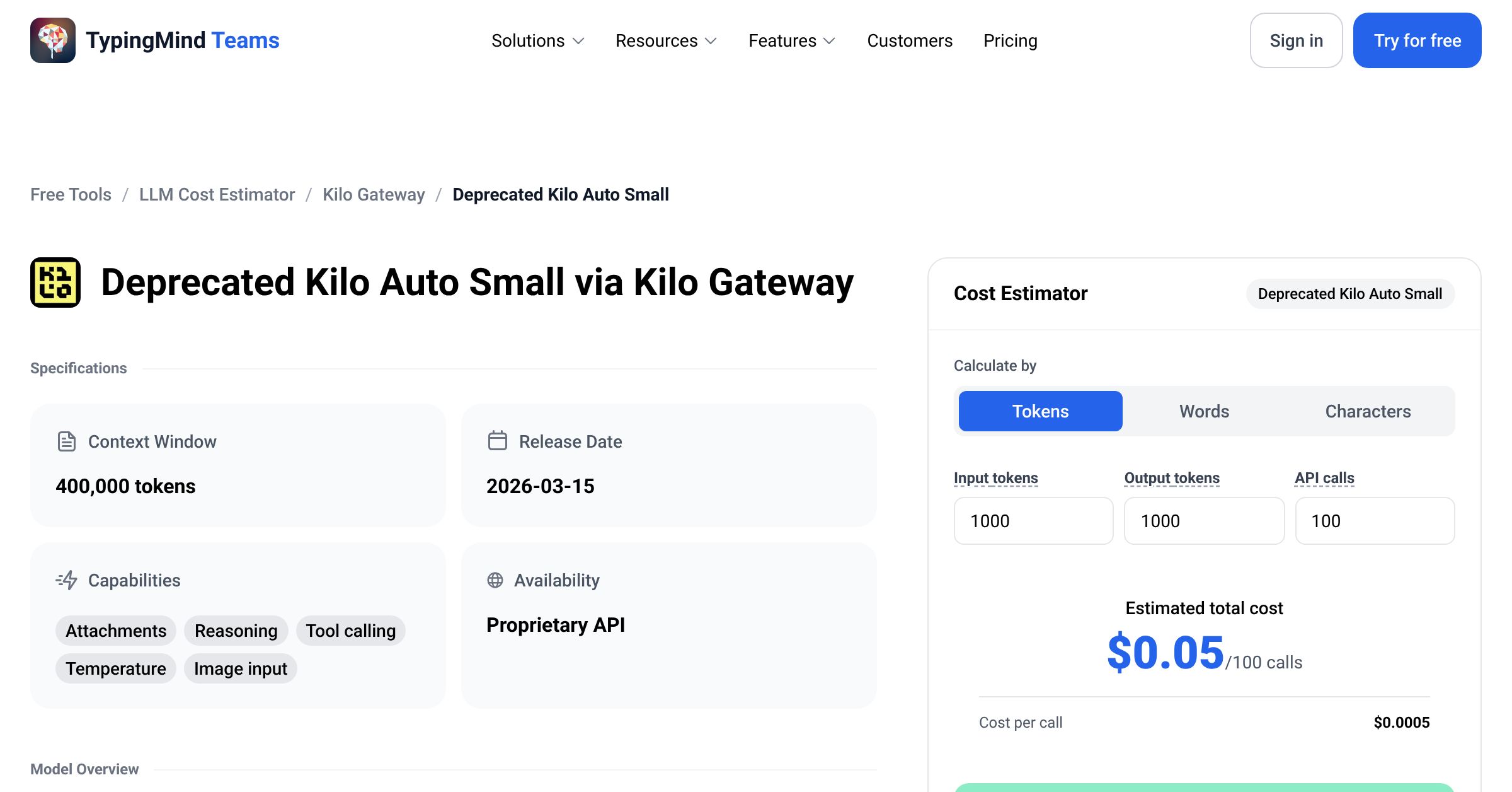 Kilo Gateway Deprecated Kilo Auto Small API Pricing Calculator