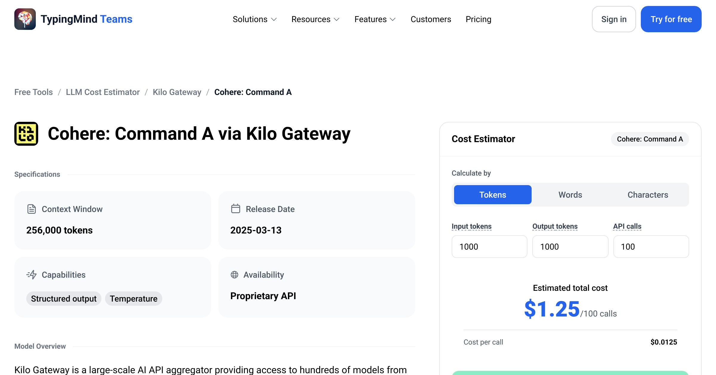 Kilo Gateway Cohere: Command A API Pricing Calculator
