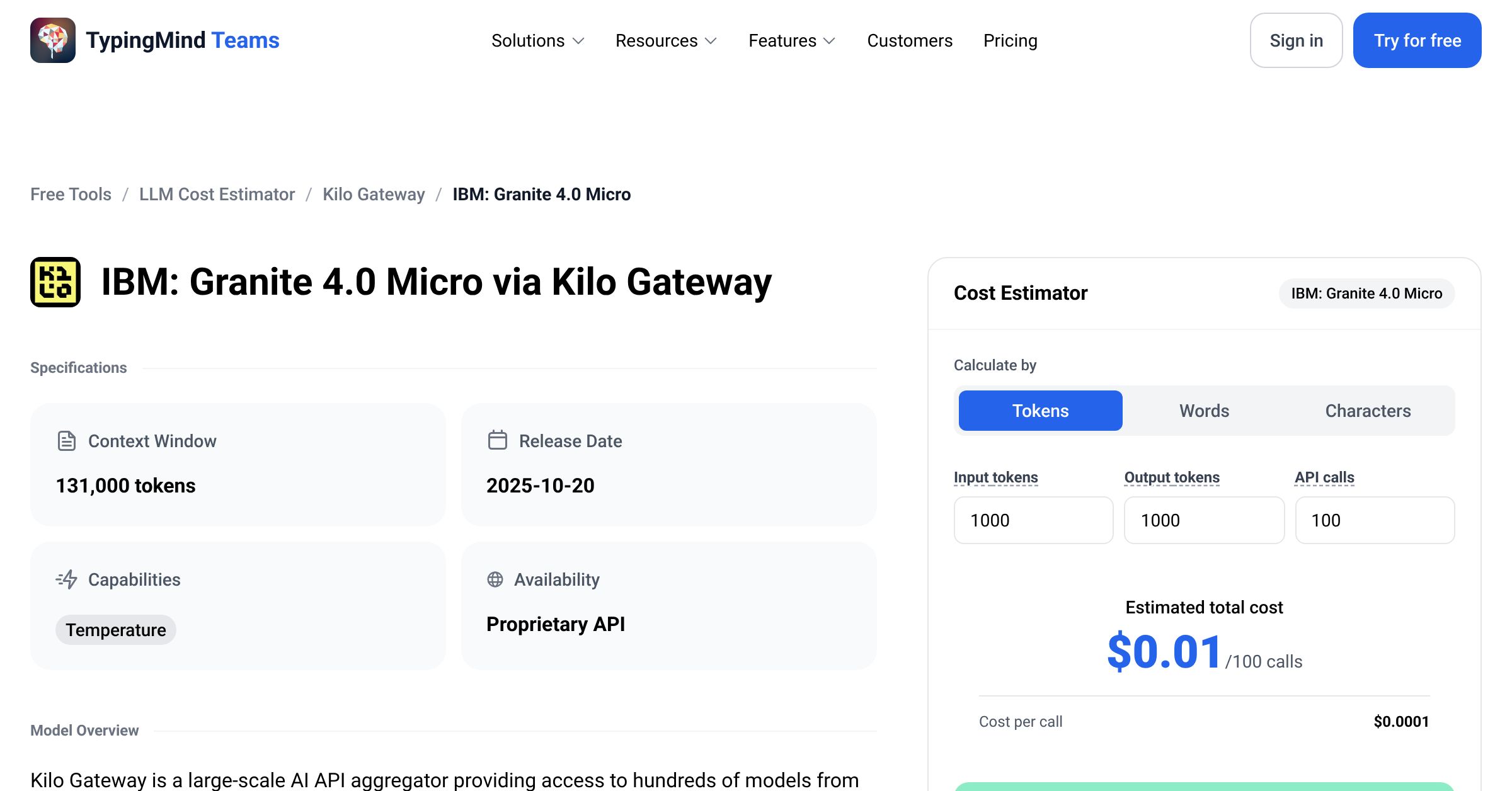 Kilo Gateway IBM: Granite 4.0 Micro API Pricing Calculator