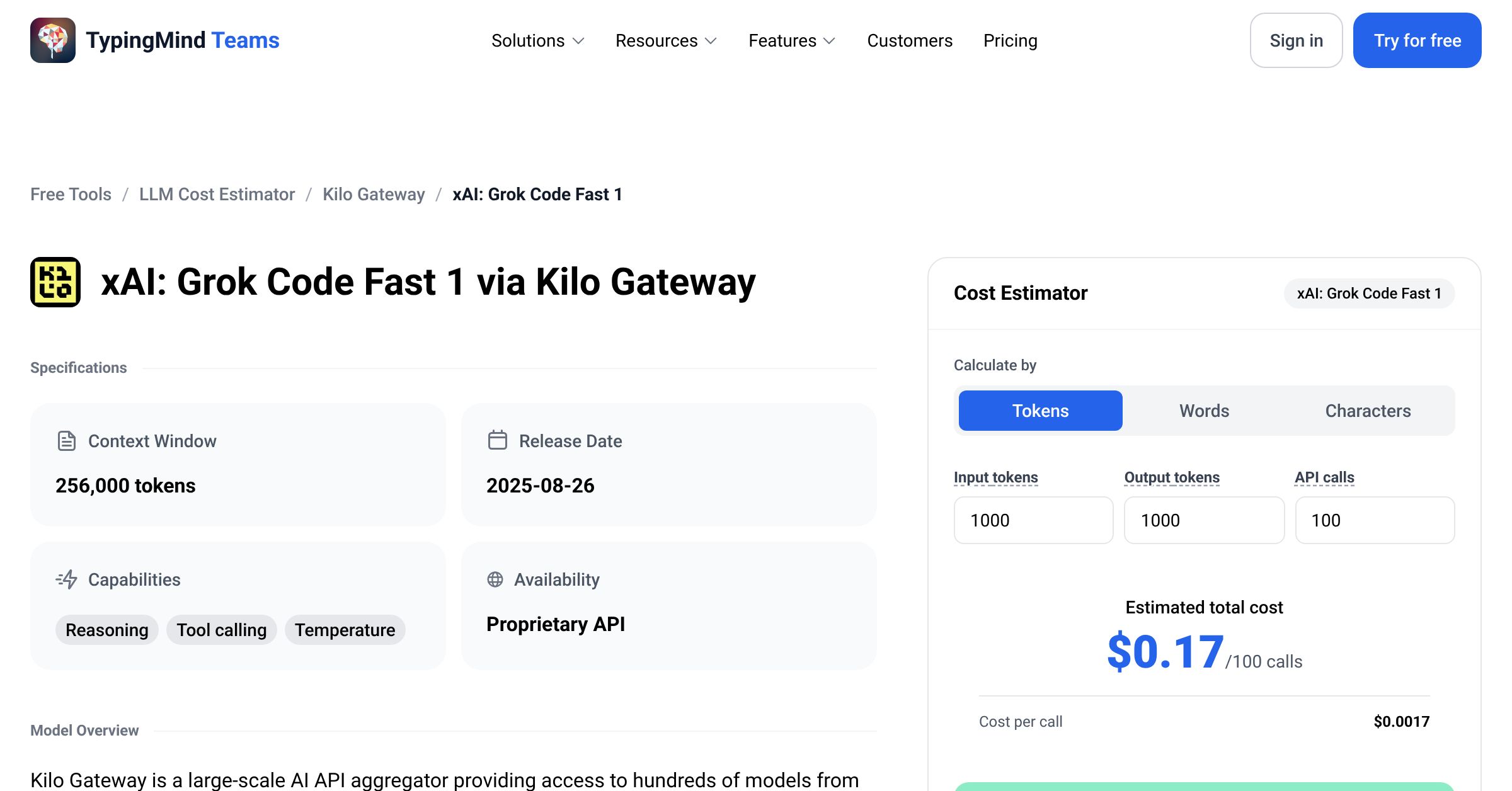 Kilo Gateway xAI: Grok Code Fast 1 API Pricing Calculator