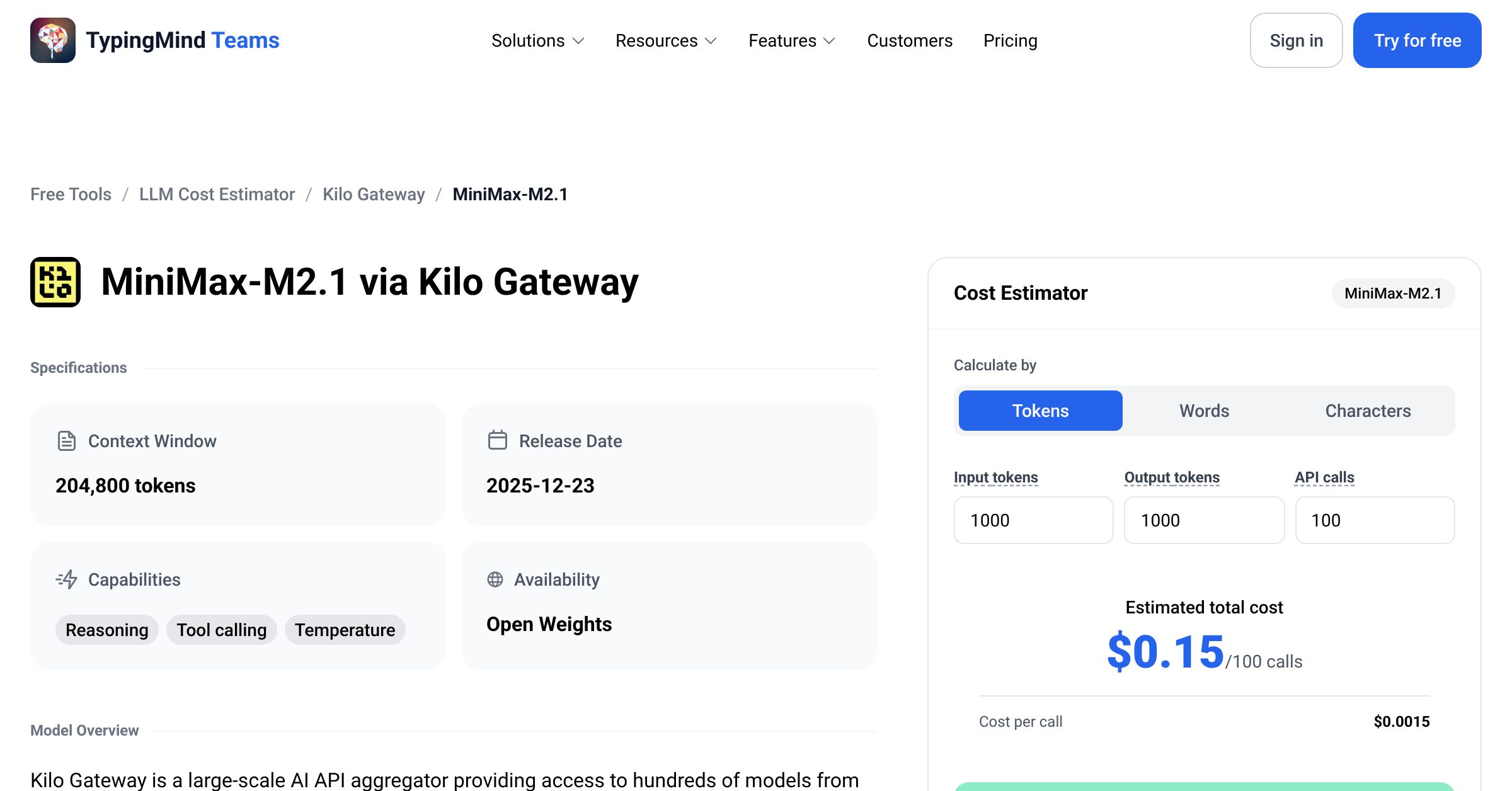 Kilo Gateway MiniMax: MiniMax M2.1 API Pricing Calculator
