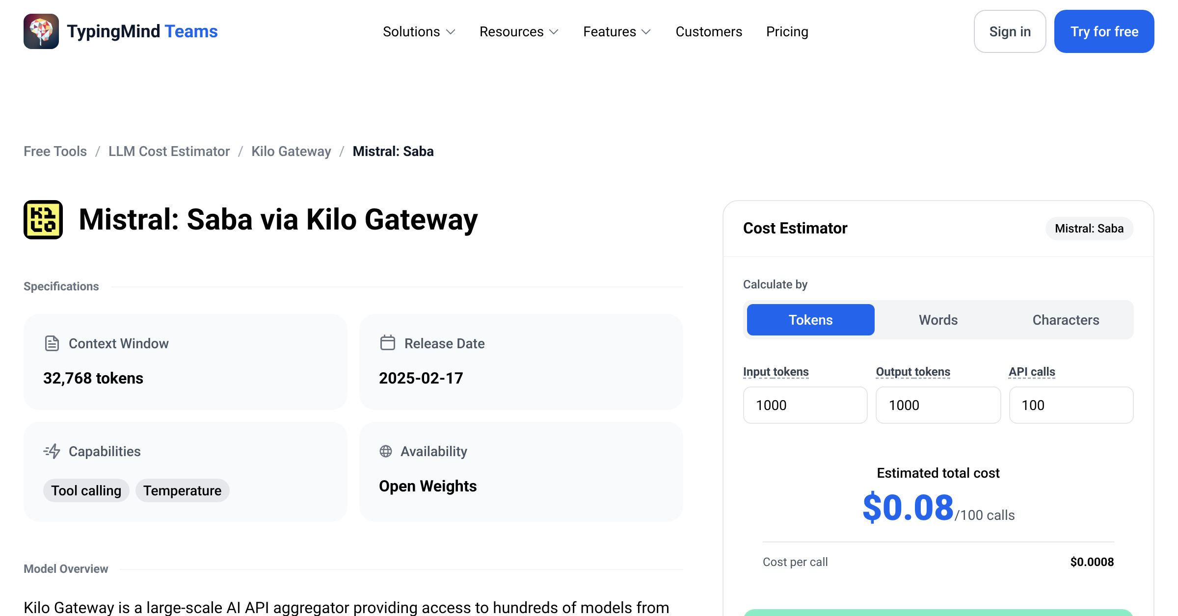Kilo Gateway Mistral: Saba API Pricing Calculator
