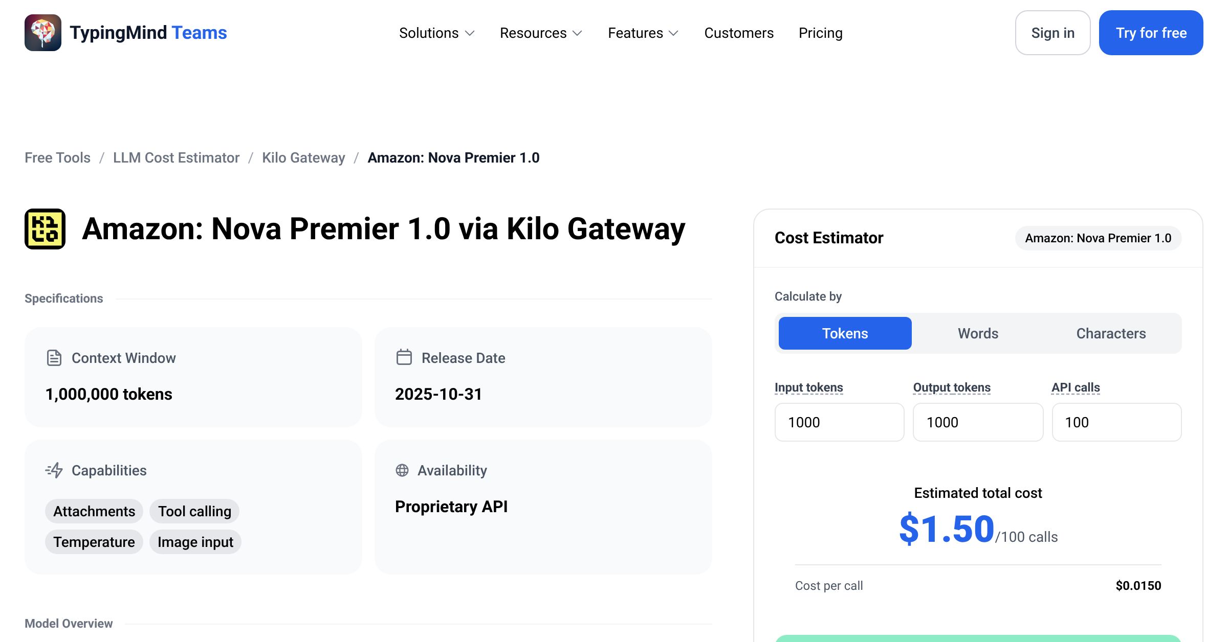 Kilo Gateway Amazon: Nova Premier 1.0 API Pricing Calculator