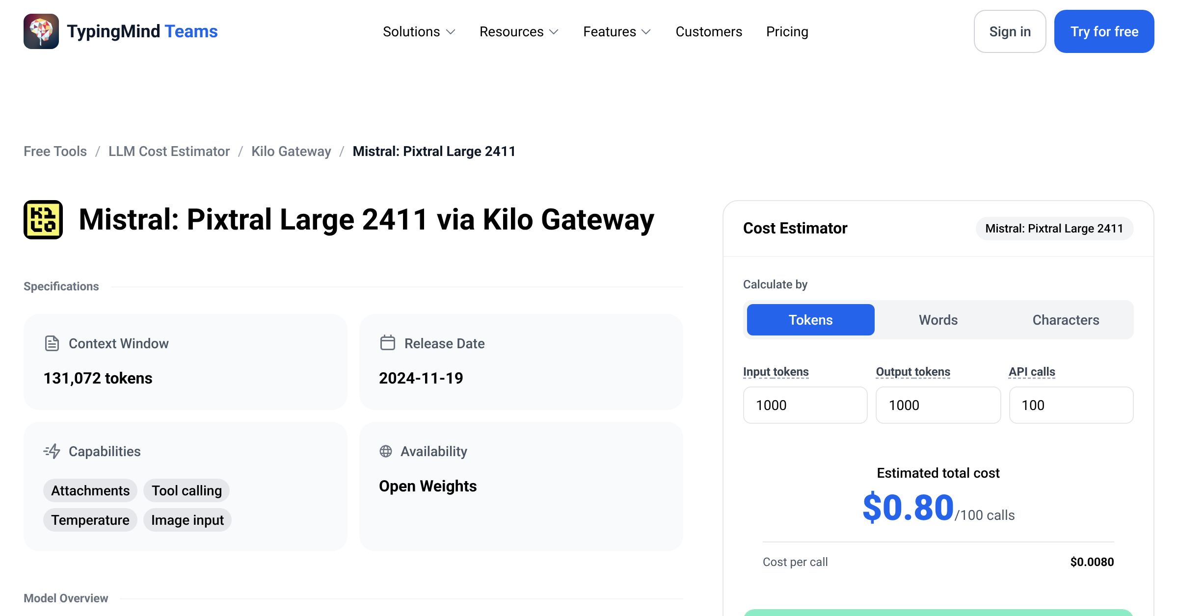 Kilo Gateway Mistral: Pixtral Large 2411 API Pricing Calculator